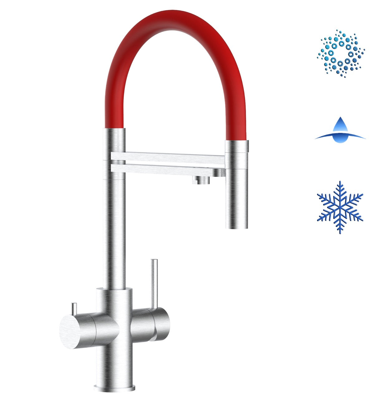 5 Way Kitchen Filter Tap in Solid STAINLESS STEEL, with 360° swivel spout and 2-jets removable Spray, Brushed / Red - Short version 47CM
