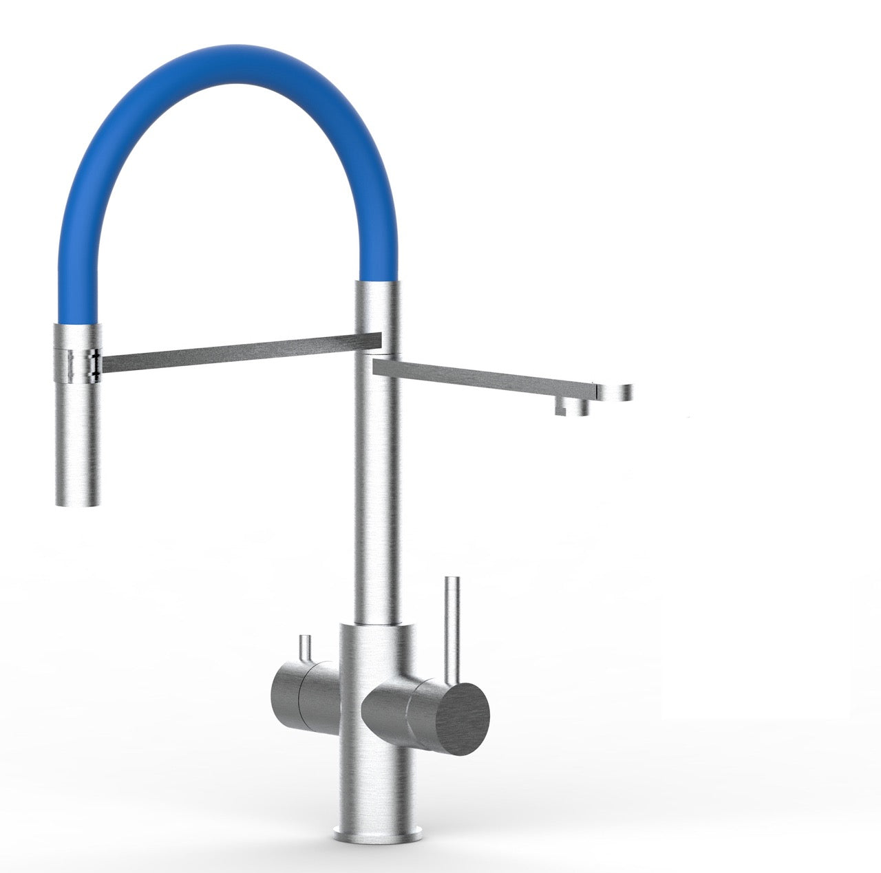 5 Way Kitchen Filter Tap in Solid STAINLESS STEEL, with 360° swivel spout and 2-jets removable Spray, Brushed / Blue - Short version 47CM