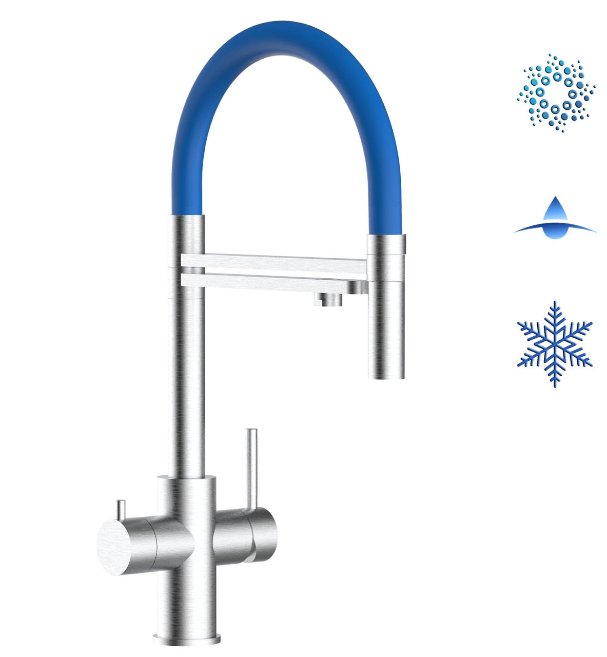 5 Way Kitchen Filter Tap in Solid STAINLESS STEEL, with 360° swivel spout and 2-jets removable Spray, Brushed / Blue - Short version 47CM