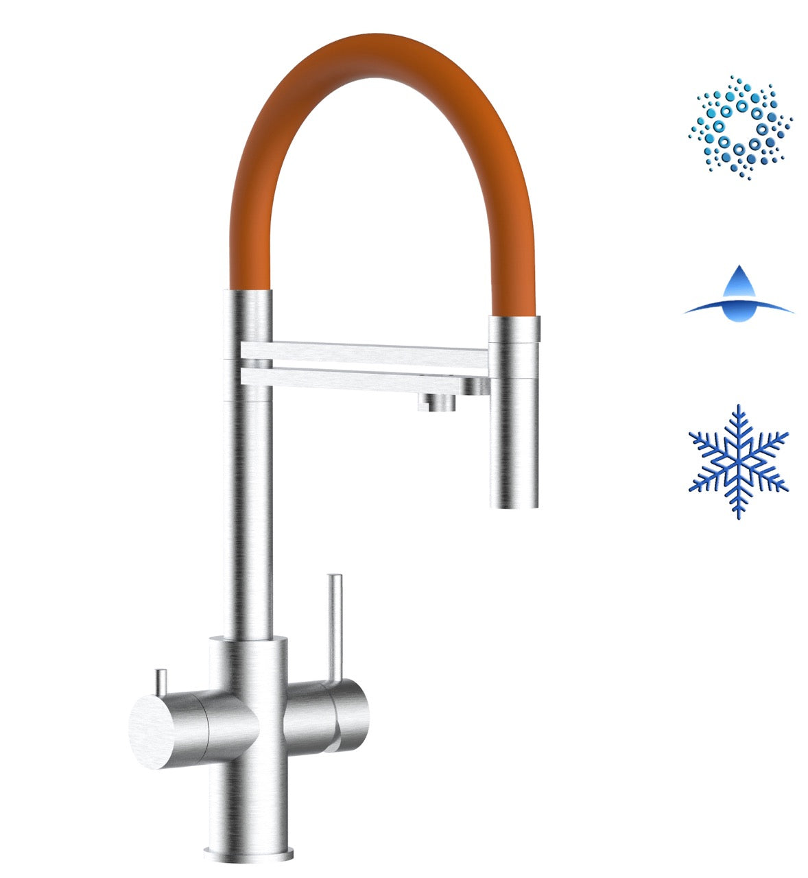 5 Way Kitchen Filter Tap in Solid STAINLESS STEEL, with 360° swivel spout and 2-jets removable Spray, Brushed / Orange - Short version 47CM