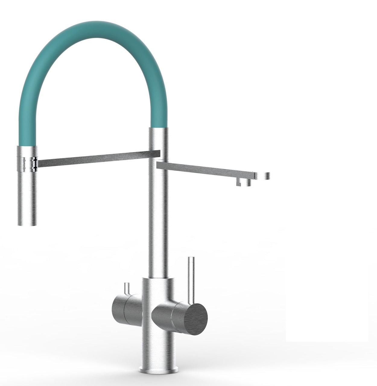 5 Way Kitchen Filter Tap in Solid STAINLESS STEEL, with 360° swivel spout and 2-jets removable Spray, Brushed / Turquoise - Short version 47CM
