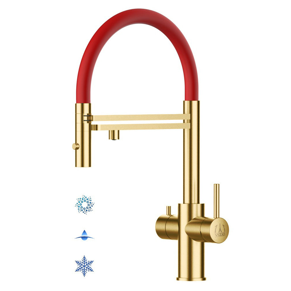 5 Way Kitchen Filter Tap in Solid STAINLESS STEEL, with 360° swivel spout and 2-jets removable Spray, Satin Gold PVD / Red - Short version 47CM