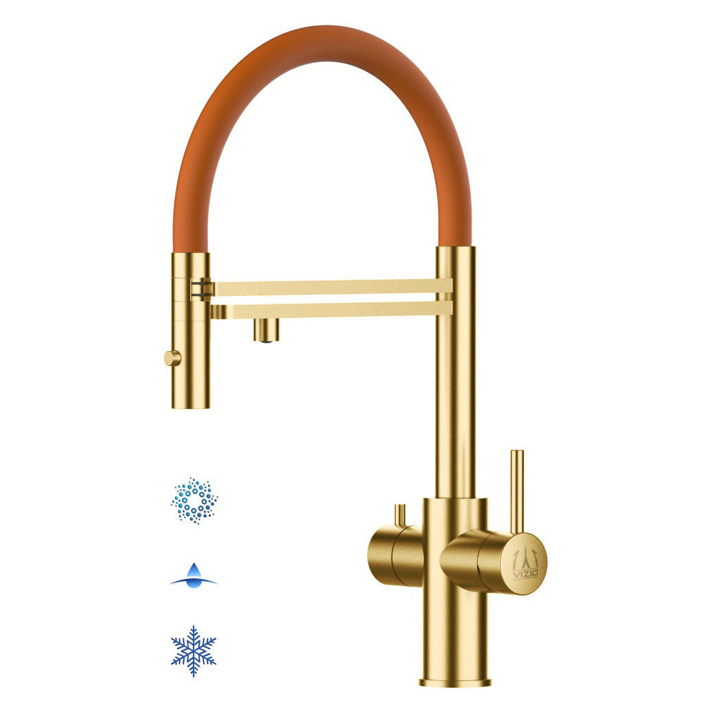 5 Way Kitchen Filter Tap in Solid STAINLESS STEEL, with 360° swivel spout and 2-jets removable Spray, Satin Gold PVD / Orange - Short version 47CM