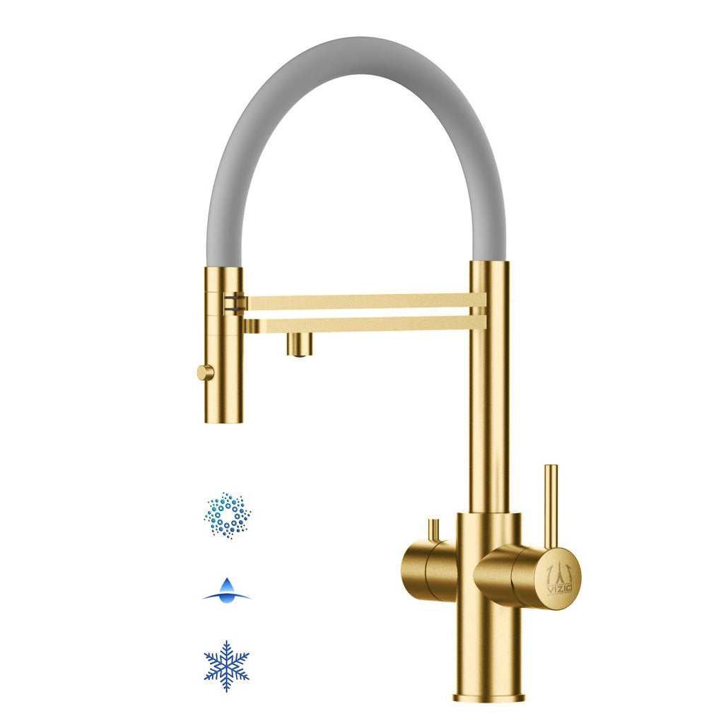 5 Way Kitchen Filter Tap in Solid STAINLESS STEEL, with 360° swivel spout and 2-jets removable Spray, Satin Gold PVD / Gray - Short version 47CM