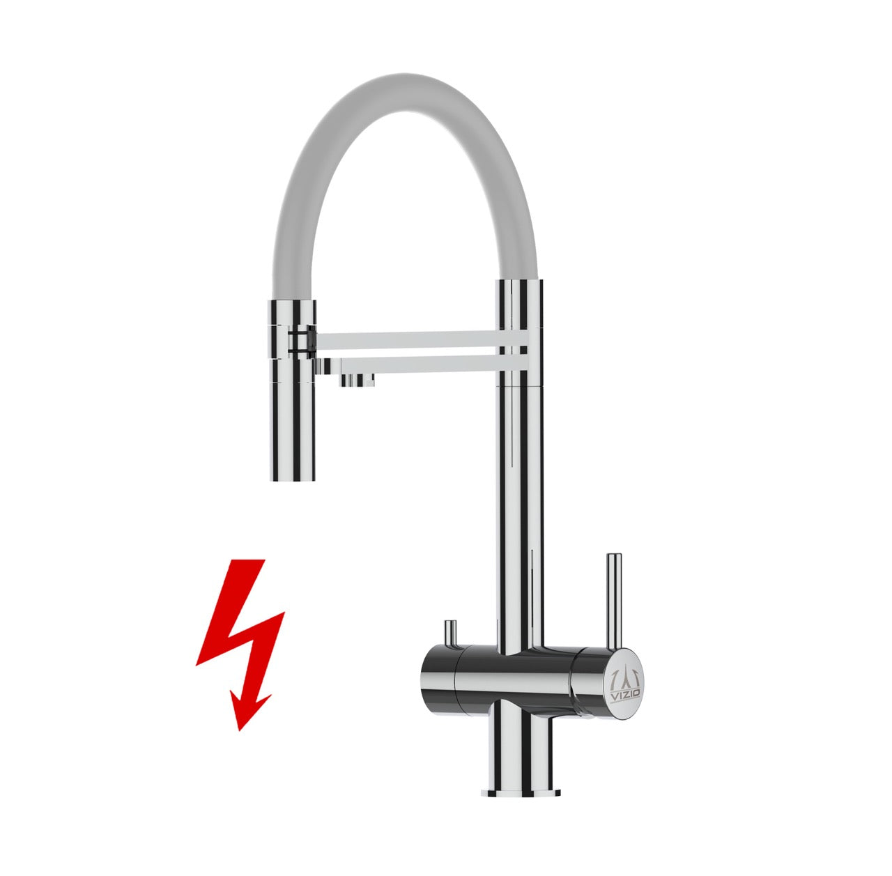 Kurzversion 45CM - NIEDERDRUCK 3 Wege Wasserhahn Küchenarmatur, Edelstahl Massiv mit 360° schwenkbarem Auslauf, abnehmbare 2 strahl Handbrause, Hochglanz / Grau
