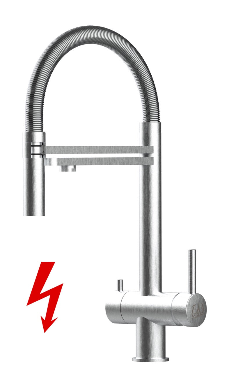 Kurzversion 45CM - NIEDERDRUCK 3 Wege Wasserhahn Küchenarmatur, Edelstahl Massiv mit 360° schwenkbarem Auslauf, abnehmbare 2 strahl Handbrause, Gebürstet / Flex-Schlauch oben Stahl Verchromt