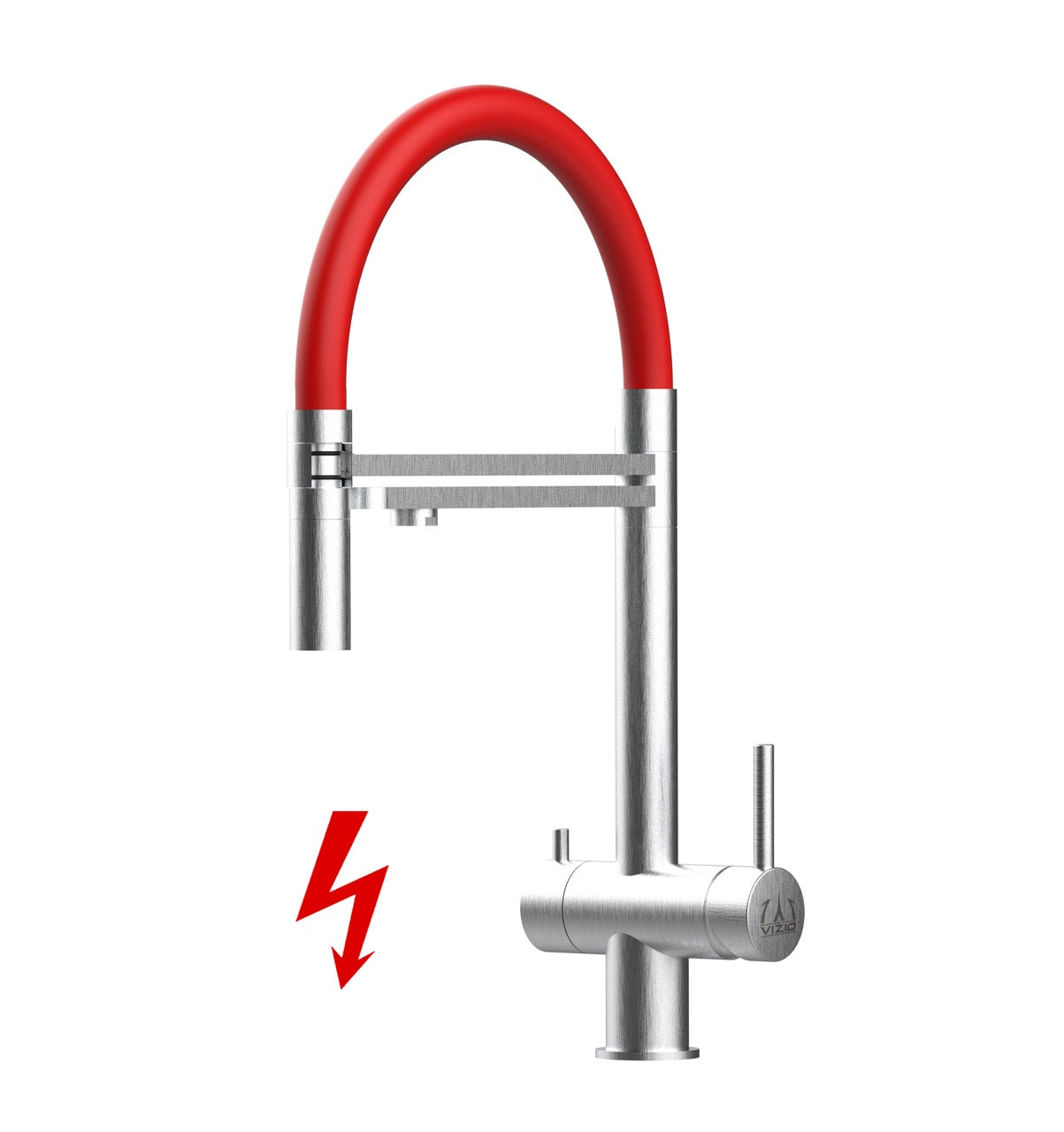 Kurzversion 45CM - NIEDERDRUCK 3 Wege Wasserhahn Küchenarmatur, Edelstahl Massiv mit 360° schwenkbarem Auslauf, abnehmbare 2 strahl Handbrause, Gebürstet / Rot
