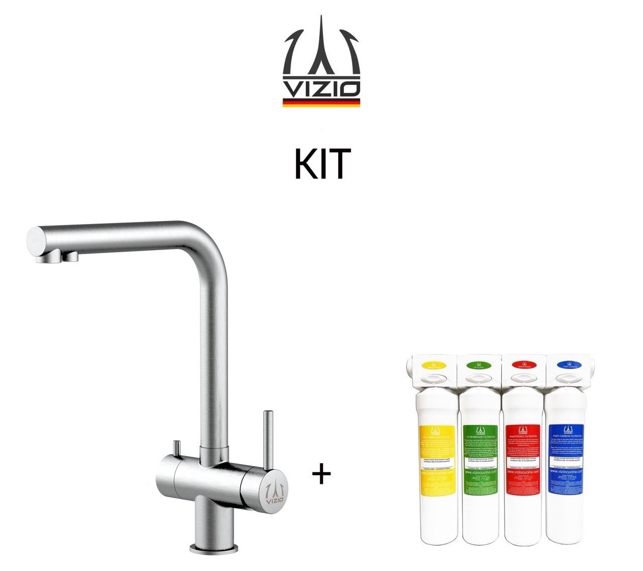 KIT Vollständiges Wasserfilter system + 3 Wege Wasserhahn Küchenarmatur, Edelstahl Massiv mit 360° schwenkbarem L-Auslauf, Gebürstet