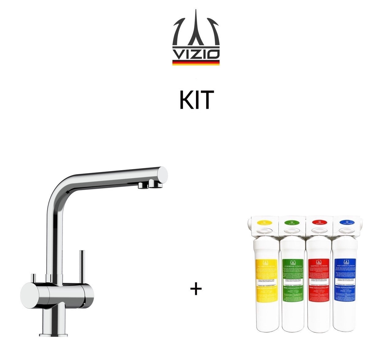 KIT Vollständiges Wasserfilter system + 3 Wege Wasserhahn Küchenarmatur, Edelstahl Massiv mit 360° schwenkbarem L-Auslauf, Hochglanz Poliert - Kurzversion