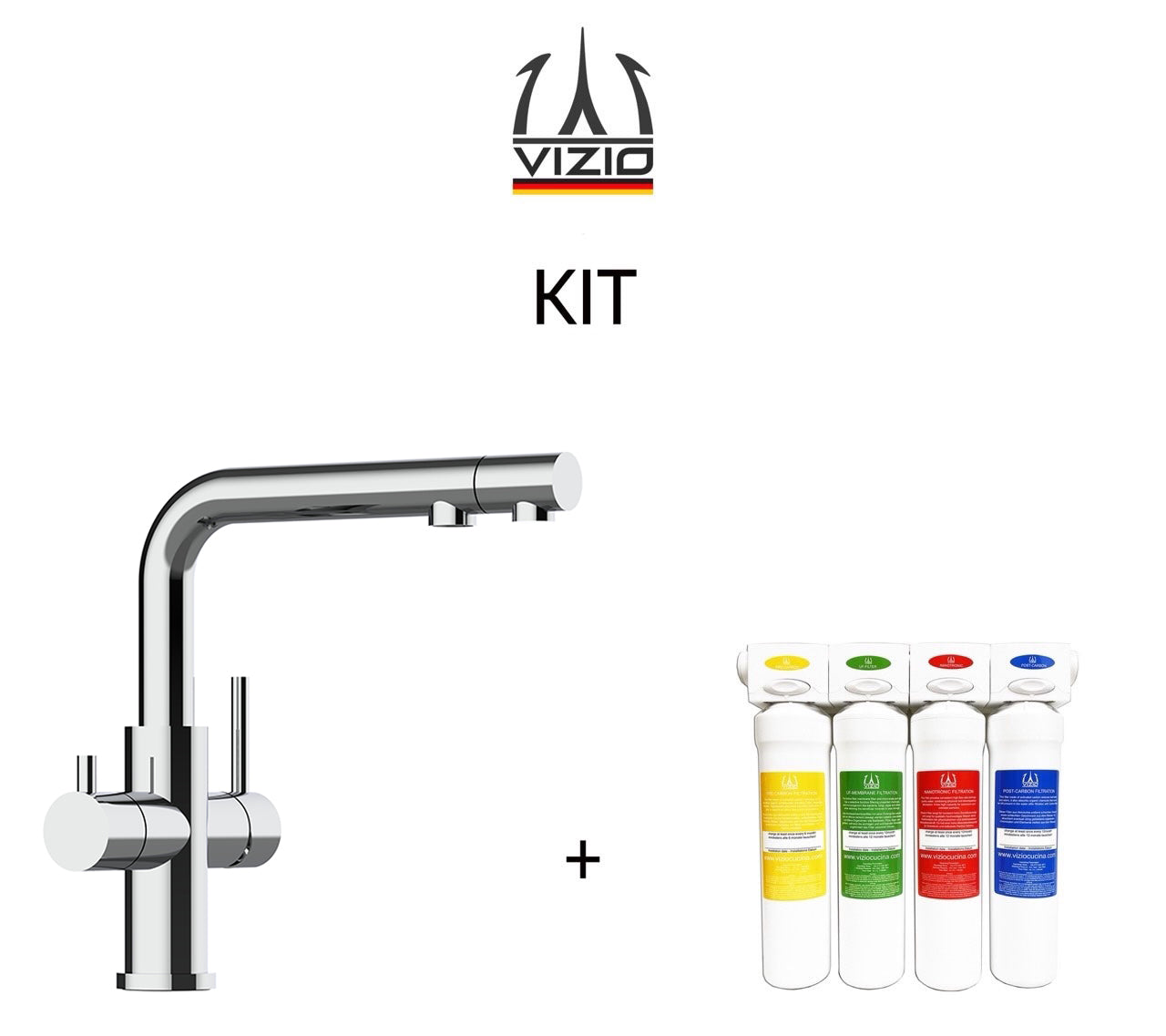 KIT Completo sistema di filtrazione a carboni attivi e Rubinetto cucina 3 VIE in ACCIAIO INOX Lucido, canna a L girevole con bocca estraibile