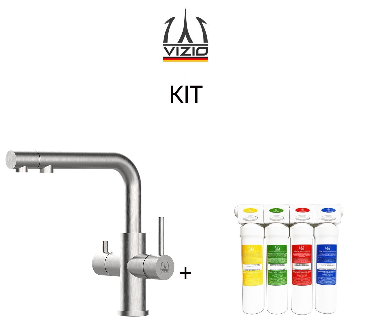 KIT Completo sistema di filtrazione a carboni attivi e Rubinetto cucina 3 VIE in ACCIAIO INOX Spazzolato, canna a L girevole con bocca estraibile
