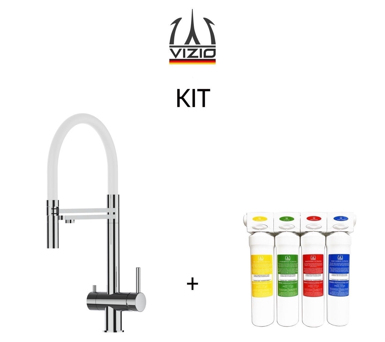 KIT Wasserfiltersystem und 3 Wege Wasserhahn Küchenarmatur, Edelstahl Massiv mit 360° schwenkbarem Auslauf, abnehmbare 2 strahl Handbrause, Hochglanz