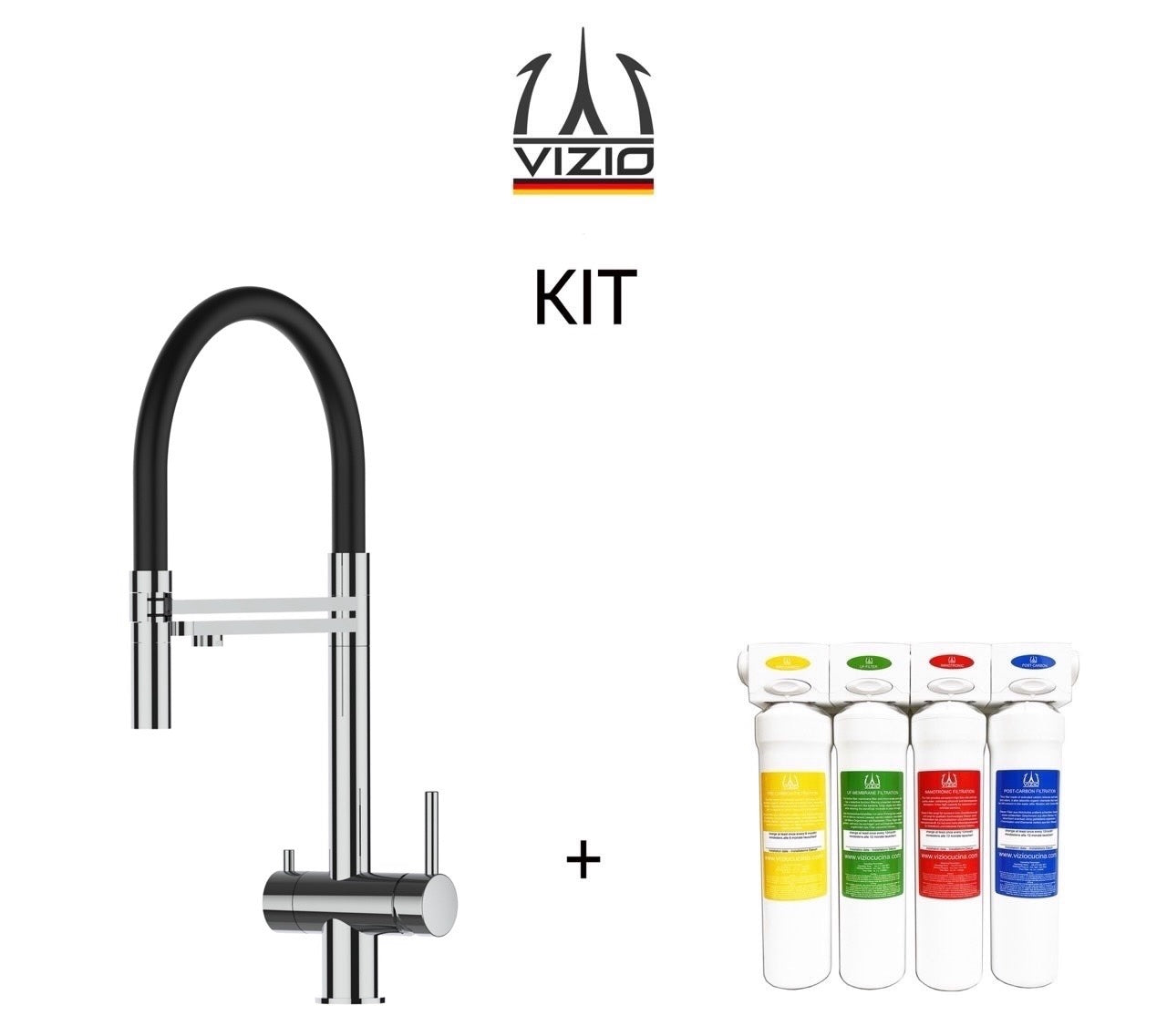 KIT Wasserfiltersystem und 3 Wege Wasserhahn Küchenarmatur, Edelstahl Massiv mit 360° schwenkbarem Auslauf, abnehmbare 2 strahl Handbrause, Hochglanz