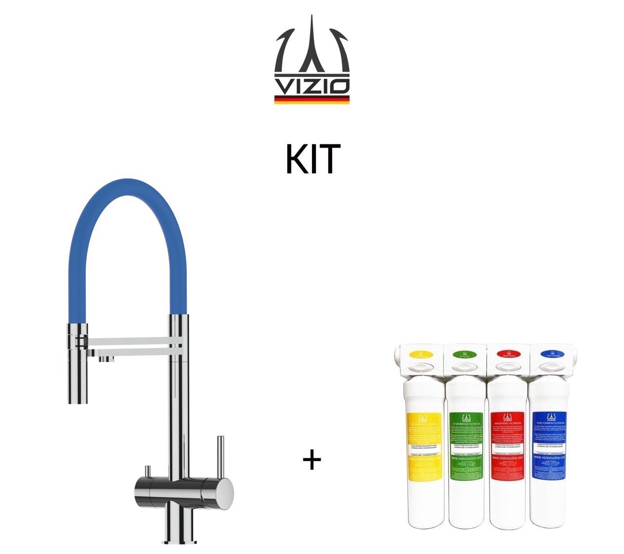 KIT Wasserfiltersystem und 3 Wege Wasserhahn Küchenarmatur, Edelstahl Massiv mit 360° schwenkbarem Auslauf, abnehmbare 2 strahl Handbrause, Hochglanz