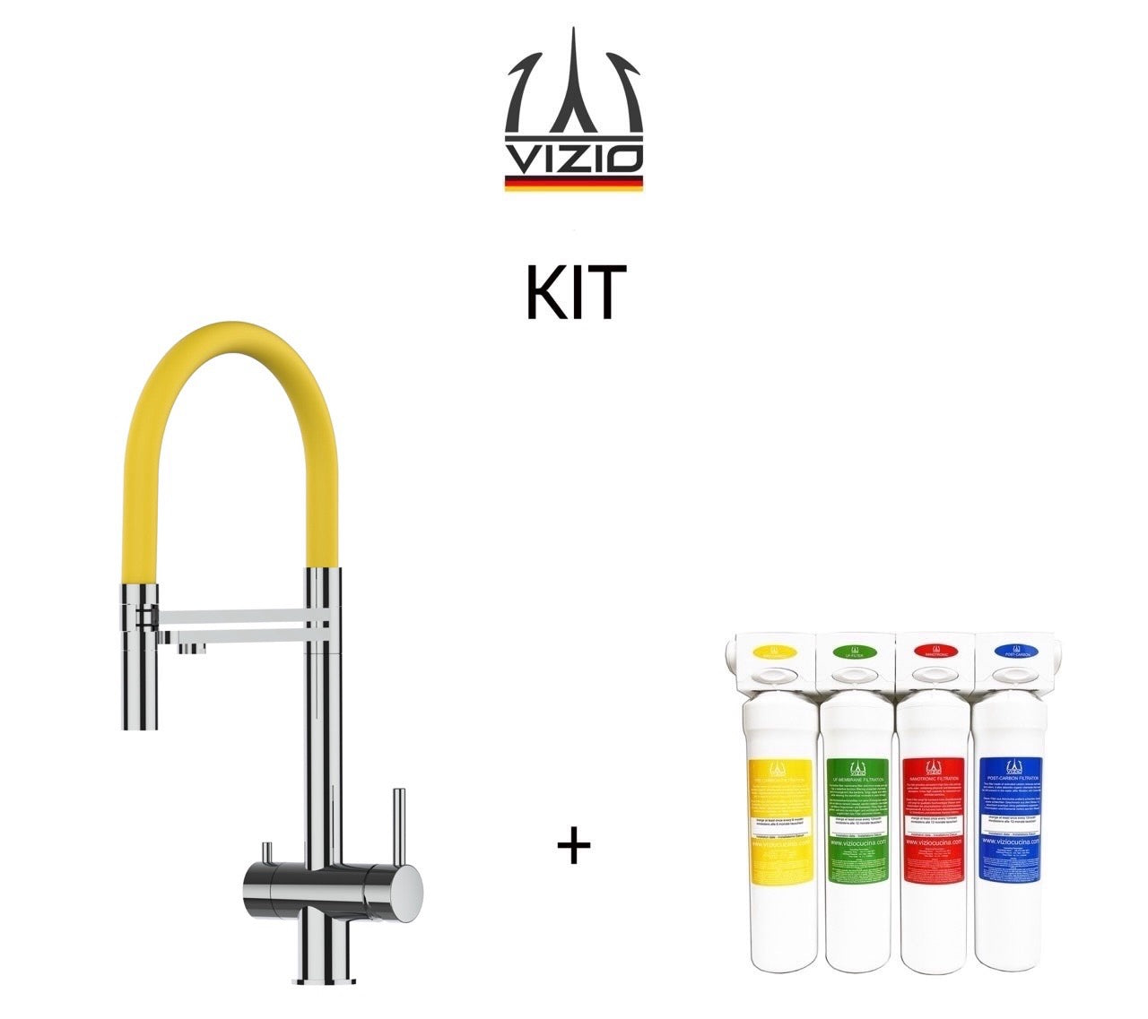 KIT Wasserfiltersystem und 3 Wege Wasserhahn Küchenarmatur, Edelstahl Massiv mit 360° schwenkbarem Auslauf, abnehmbare 2 strahl Handbrause, Hochglanz