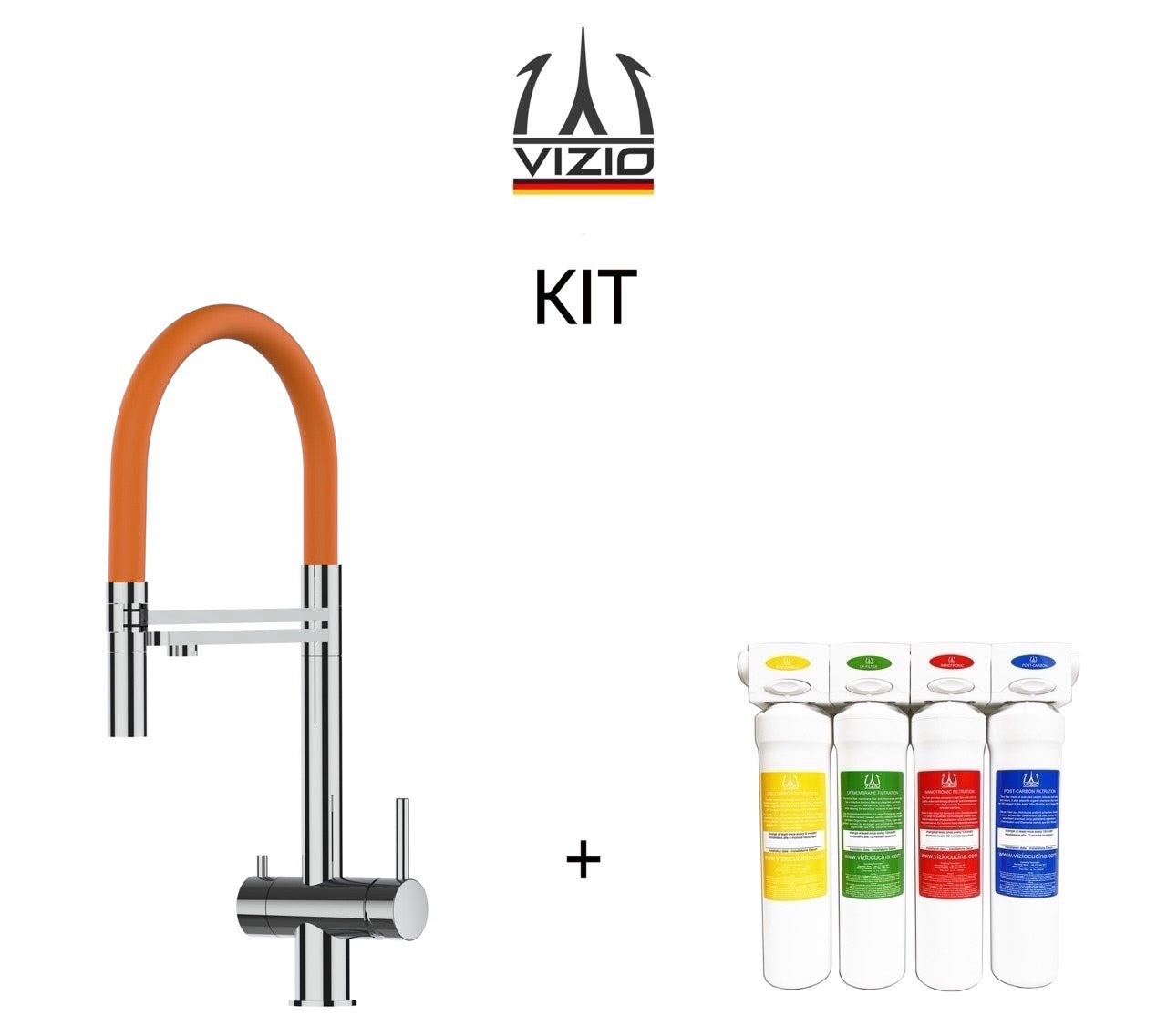 KIT Wasserfiltersystem und 3 Wege Wasserhahn Küchenarmatur, Edelstahl Massiv mit 360° schwenkbarem Auslauf, abnehmbare 2 strahl Handbrause, Hochglanz
