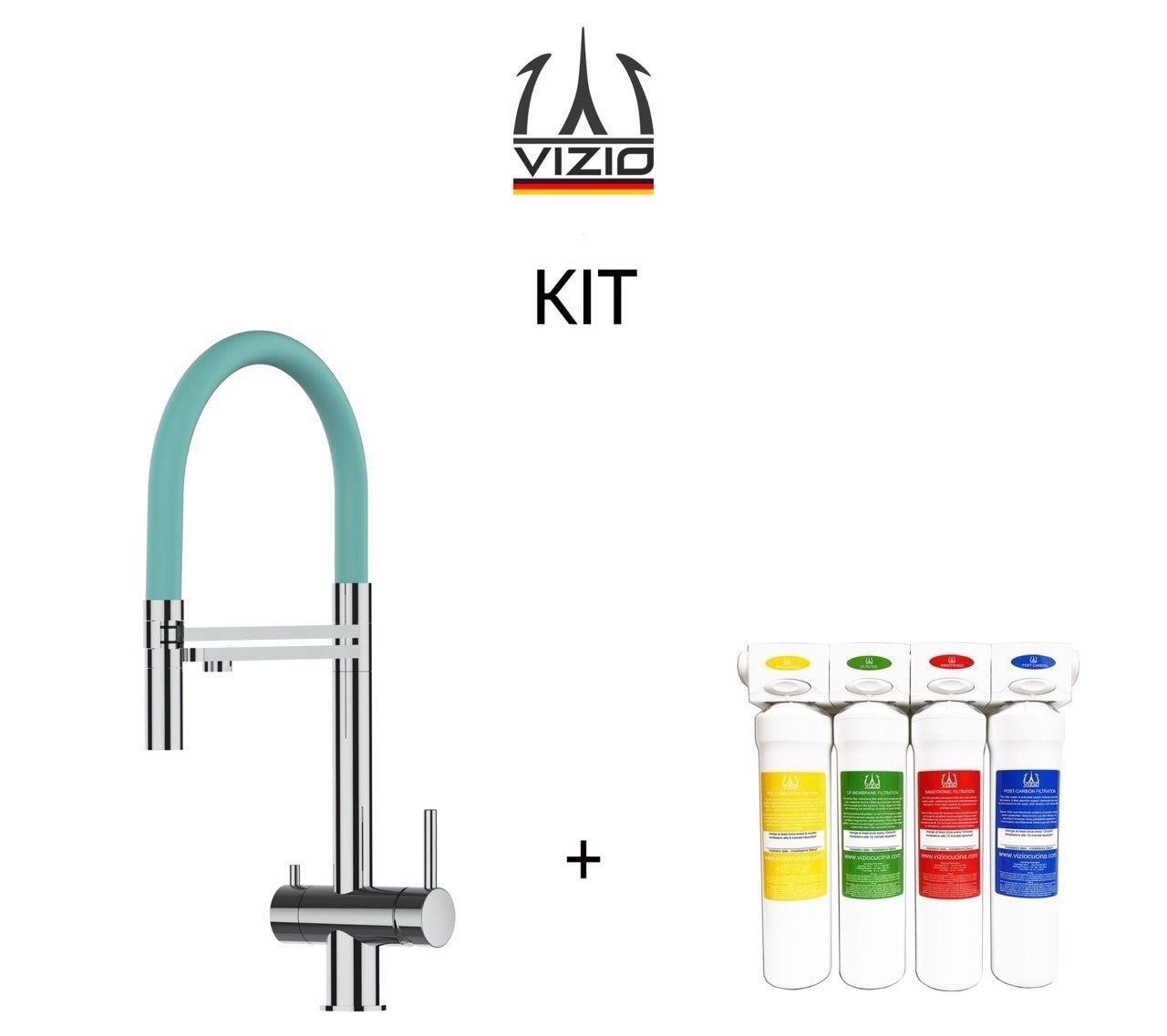 KIT Wasserfiltersystem und 3 Wege Wasserhahn Küchenarmatur, Edelstahl Massiv mit 360° schwenkbarem Auslauf, abnehmbare 2 strahl Handbrause, Hochglanz