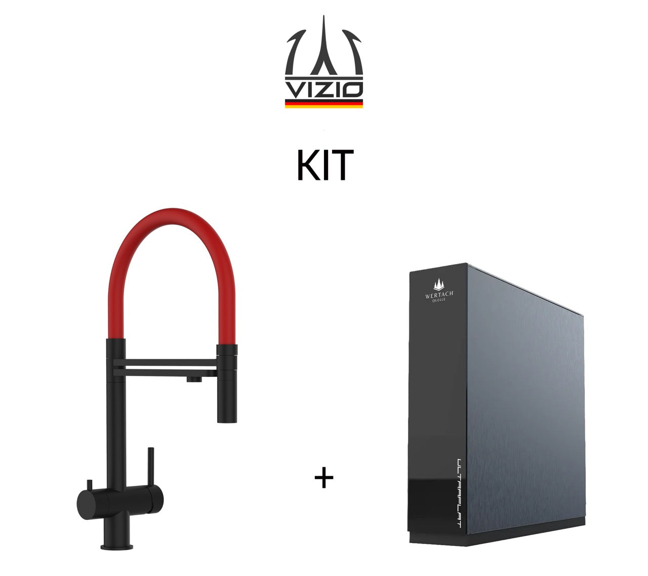 KIT: Grifo de Cocina 3 Vías in Acero Inoxidable Macizo, con caño giratorio 360° y ducha 2 chorros amovible, PVD Negro Mate y Sistema de ósmosis inversa Wertach ULTRAFLAT