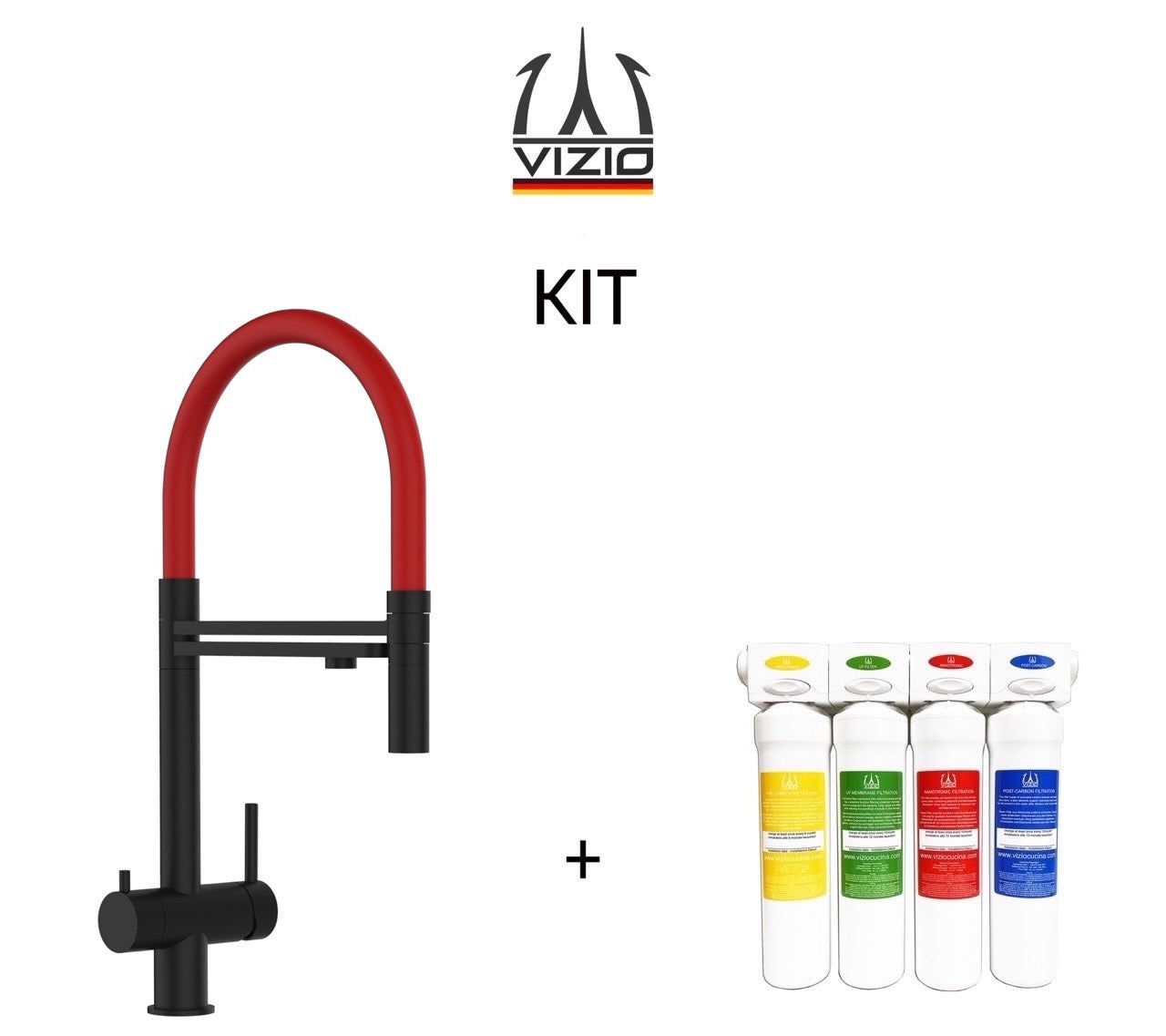 KIT Completo sistema di filtrazione a carboni attivi + Rubinetto cucina 3 VIE in ACCIAIO INOX PVD Nero Opaco, canna girevole 360° e doccetta 2 getti movibile