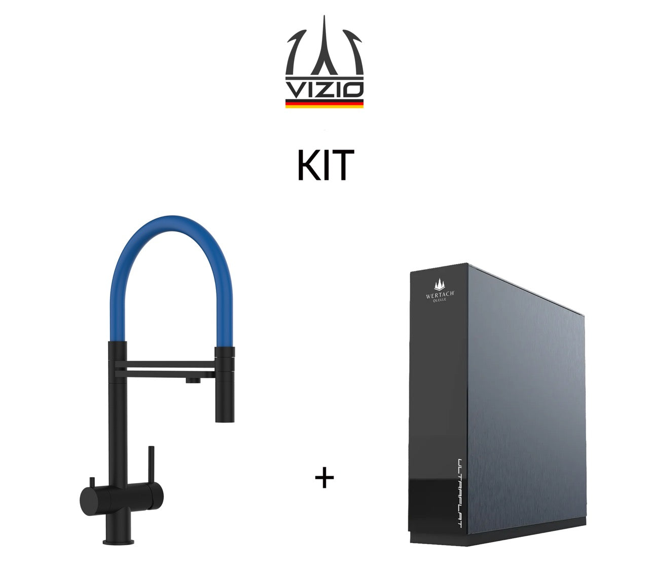 KIT: Grifo de Cocina 3 Vías in Acero Inoxidable Macizo, con caño giratorio 360° y ducha 2 chorros amovible, PVD Negro Mate y Sistema de ósmosis inversa Wertach ULTRAFLAT