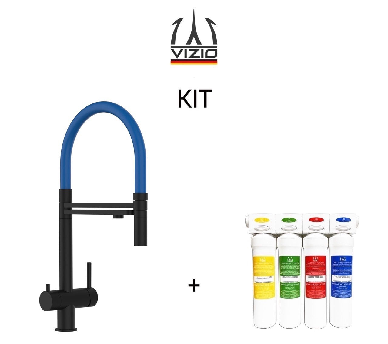 KIT Completo sistema di filtrazione a carboni attivi + Rubinetto cucina 3 VIE in ACCIAIO INOX PVD Nero Opaco, canna girevole 360° e doccetta 2 getti movibile