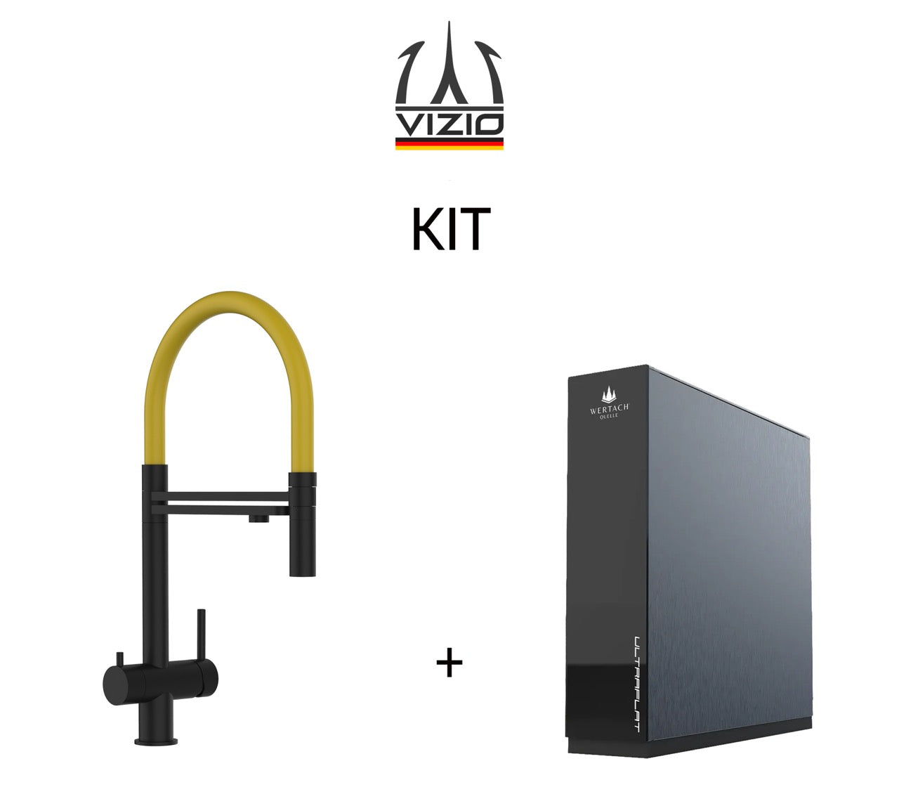 KIT: Grifo de Cocina 3 Vías in Acero Inoxidable Macizo, con caño giratorio 360° y ducha 2 chorros amovible, PVD Negro Mate y Sistema de ósmosis inversa Wertach ULTRAFLAT