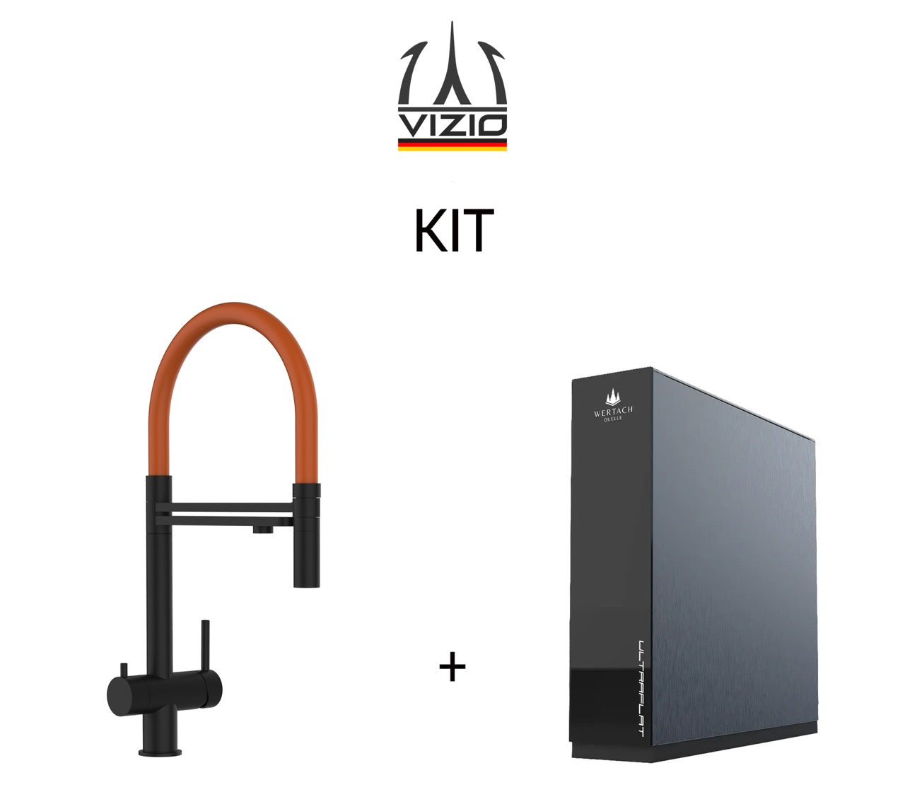 KIT: Grifo de Cocina 3 Vías in Acero Inoxidable Macizo, con caño giratorio 360° y ducha 2 chorros amovible, PVD Negro Mate y Sistema de ósmosis inversa Wertach ULTRAFLAT