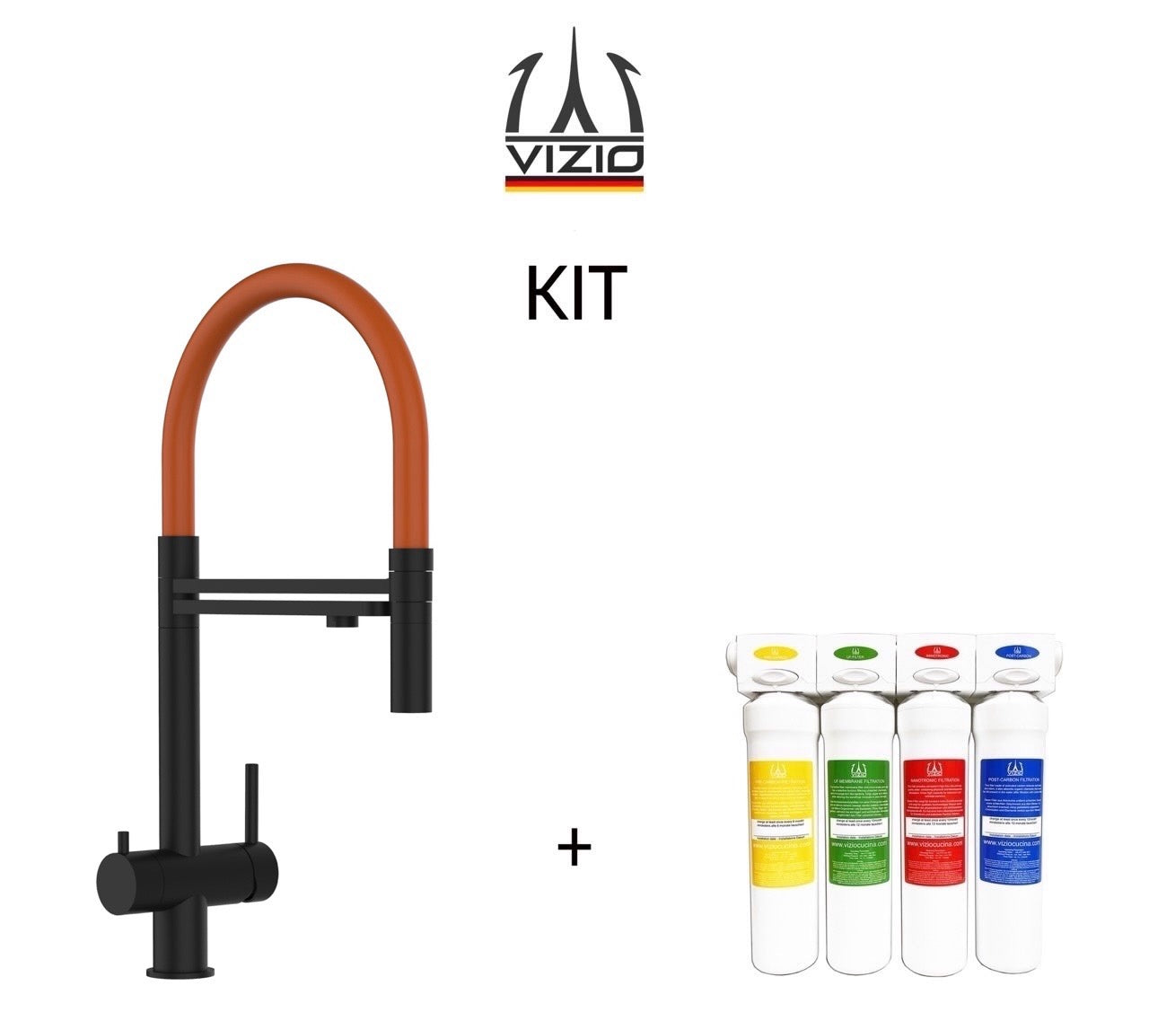 KIT Completo sistema di filtrazione a carboni attivi + Rubinetto cucina 3 VIE in ACCIAIO INOX PVD Nero Opaco, canna girevole 360° e doccetta 2 getti movibile