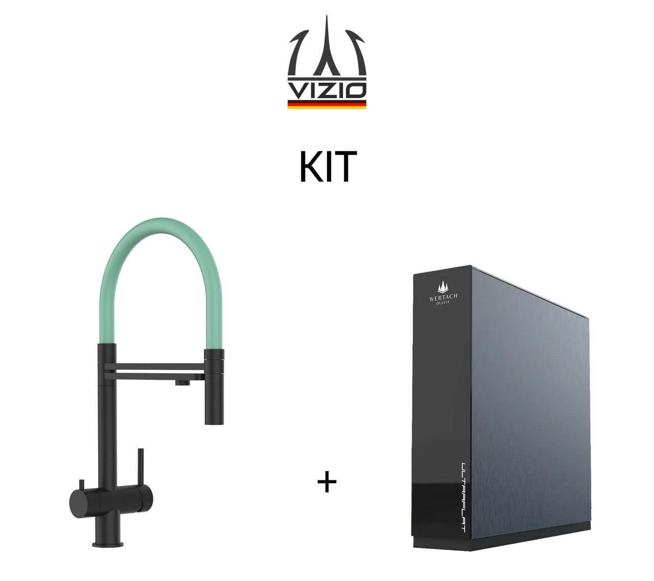 KIT: Grifo de Cocina 3 Vías in Acero Inoxidable Macizo, con caño giratorio 360° y ducha 2 chorros amovible, PVD Negro Mate y Sistema de ósmosis inversa Wertach ULTRAFLAT