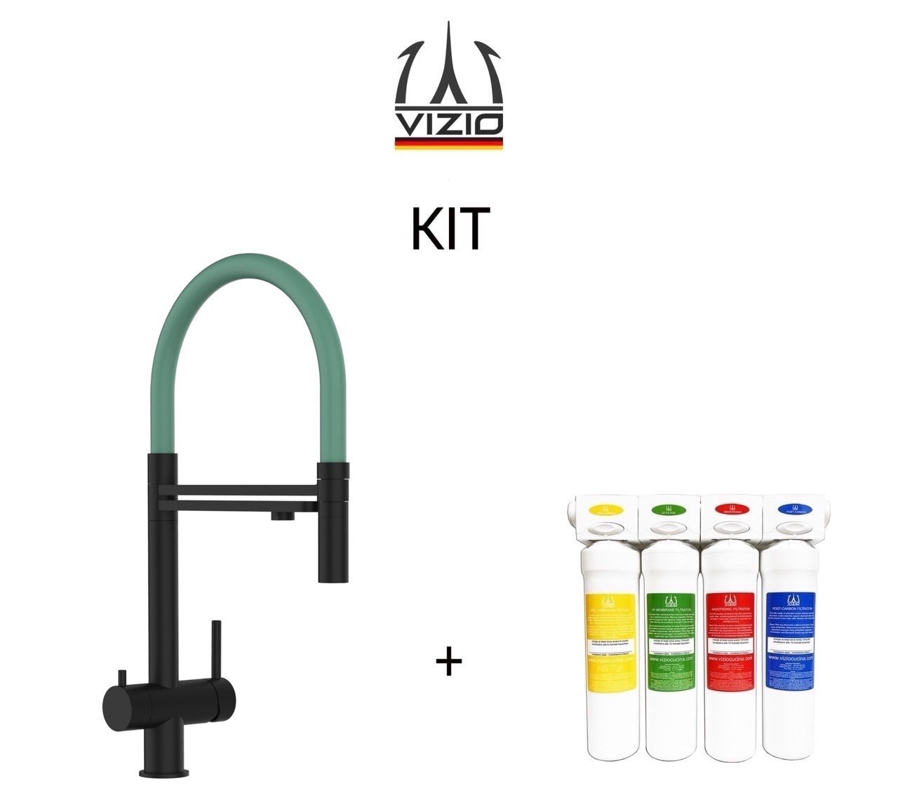KIT Completo sistema di filtrazione a carboni attivi + Rubinetto cucina 3 VIE in ACCIAIO INOX PVD Nero Opaco, canna girevole 360° e doccetta 2 getti movibile