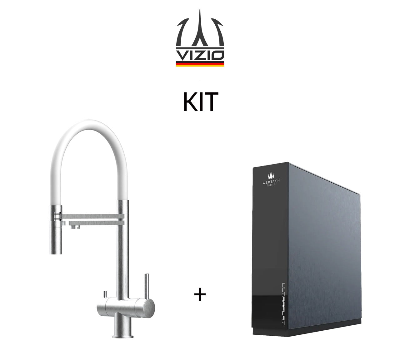 KIT: ULTRAFLAT Umkehrosmose Untertisch System, Wertach und 3 Wege Wasserhahn Küchenarmatur, Edelstahl Massiv mit 360° schwenkbarem Auslauf, abnehmbare 2 strahl Handbrause, Gebürstet