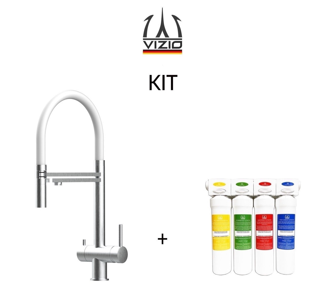 KIT Completo sistema di filtrazione a carboni attivi + Rubinetto cucina 3 VIE in ACCIAIO INOX Spazzolato, canna girevole 360° e doccetta 2 getti movibile