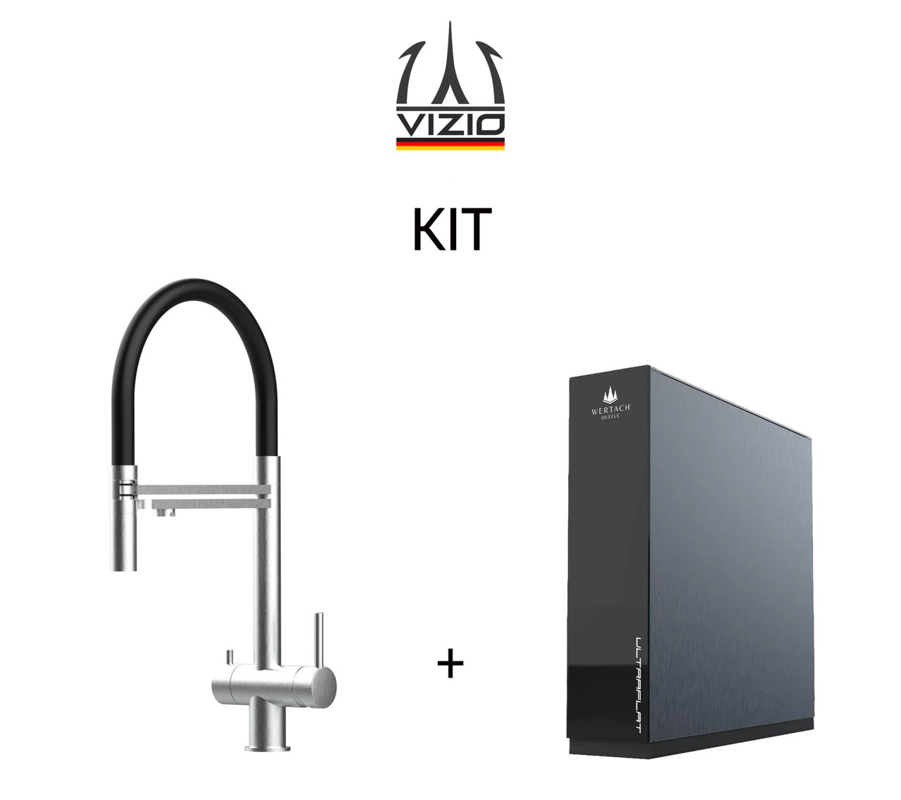 KIT: ULTRAFLAT Umkehrosmose Untertisch System, Wertach und 3 Wege Wasserhahn Küchenarmatur, Edelstahl Massiv mit 360° schwenkbarem Auslauf, abnehmbare 2 strahl Handbrause, Gebürstet
