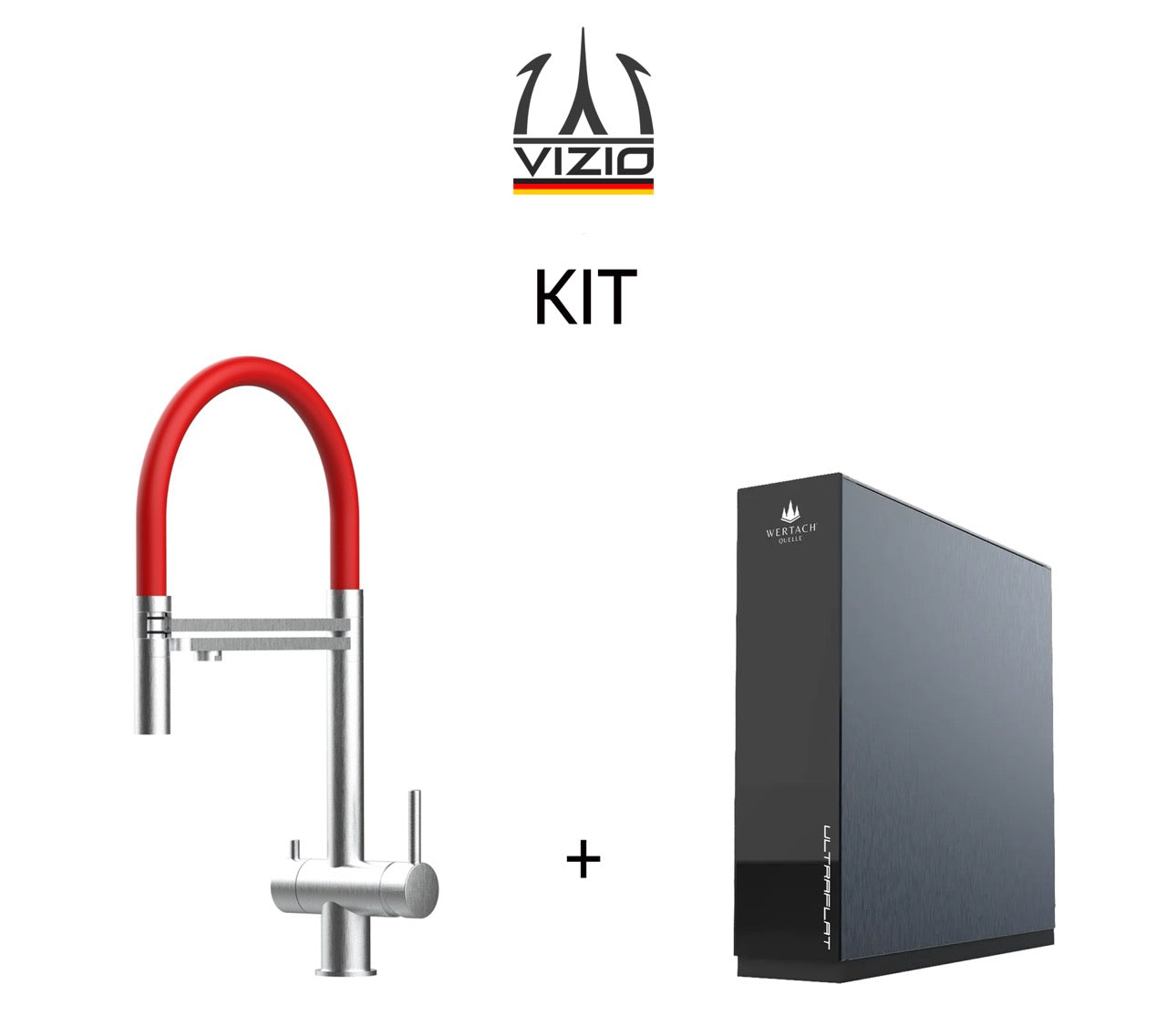 KIT: ULTRAFLAT Umkehrosmose Untertisch System, Wertach und 3 Wege Wasserhahn Küchenarmatur, Edelstahl Massiv mit 360° schwenkbarem Auslauf, abnehmbare 2 strahl Handbrause, Gebürstet