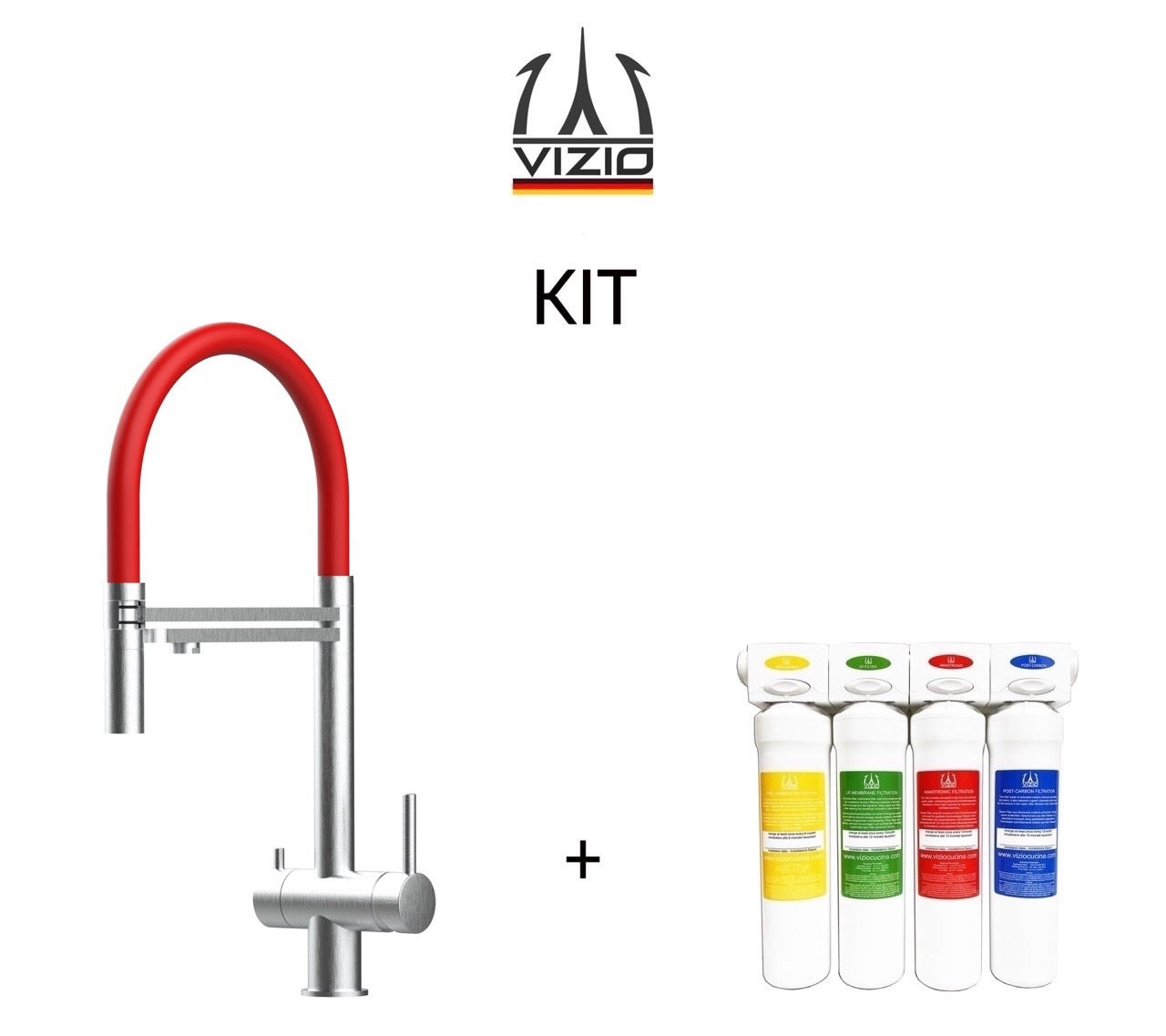 KIT Completo sistema di filtrazione a carboni attivi + Rubinetto cucina 3 VIE in ACCIAIO INOX Spazzolato, canna girevole 360° e doccetta 2 getti movibile
