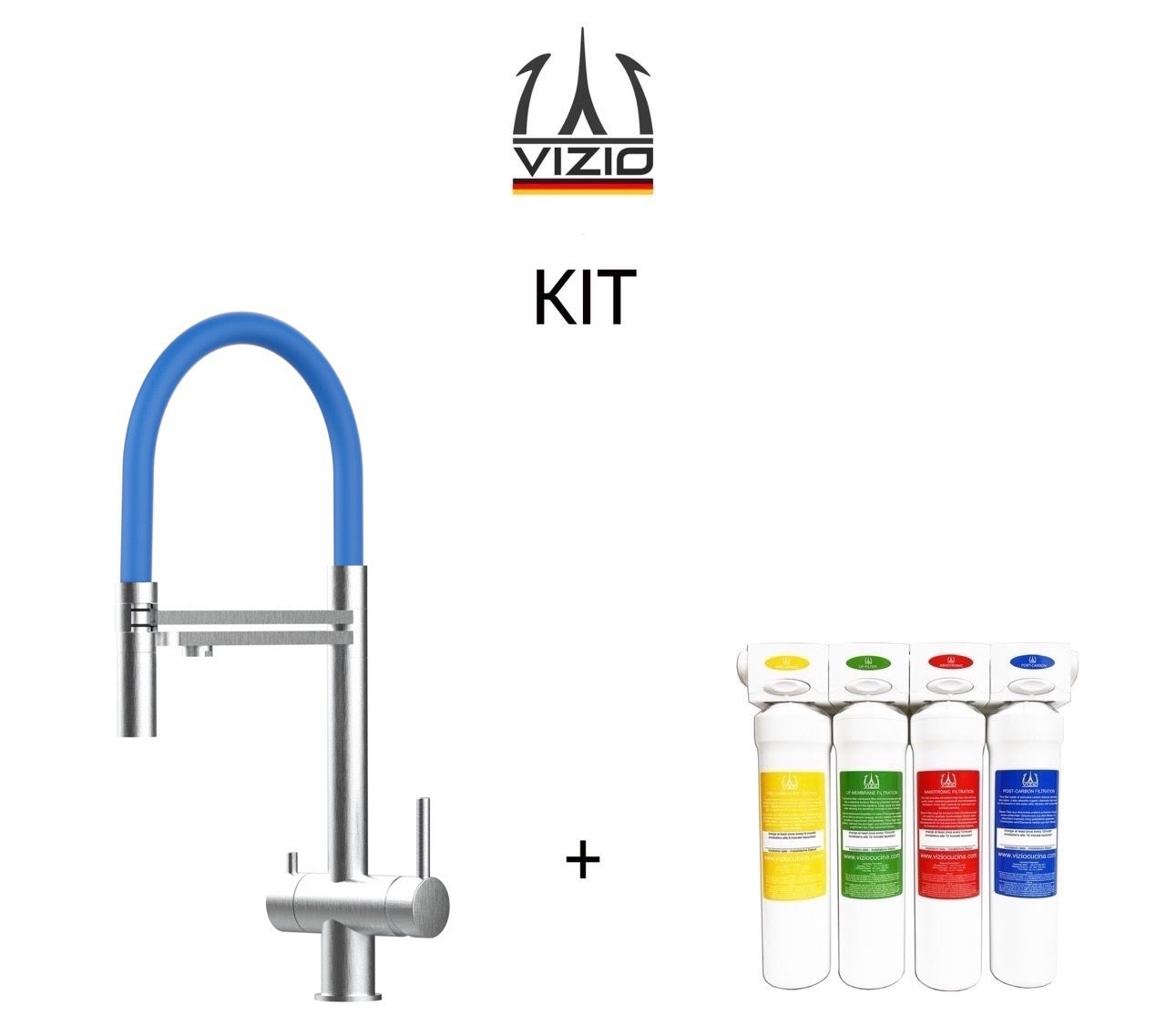 KIT Completo sistema di filtrazione a carboni attivi + Rubinetto cucina 3 VIE in ACCIAIO INOX Spazzolato, canna girevole 360° e doccetta 2 getti movibile