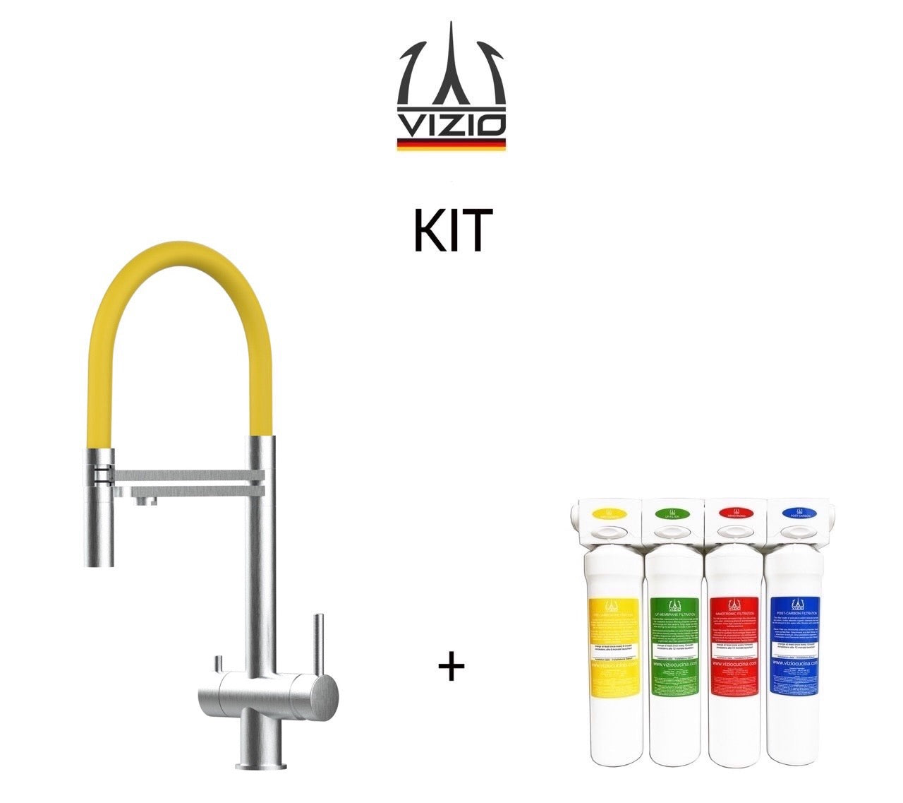 KIT Completo sistema di filtrazione a carboni attivi + Rubinetto cucina 3 VIE in ACCIAIO INOX Spazzolato, canna girevole 360° e doccetta 2 getti movibile