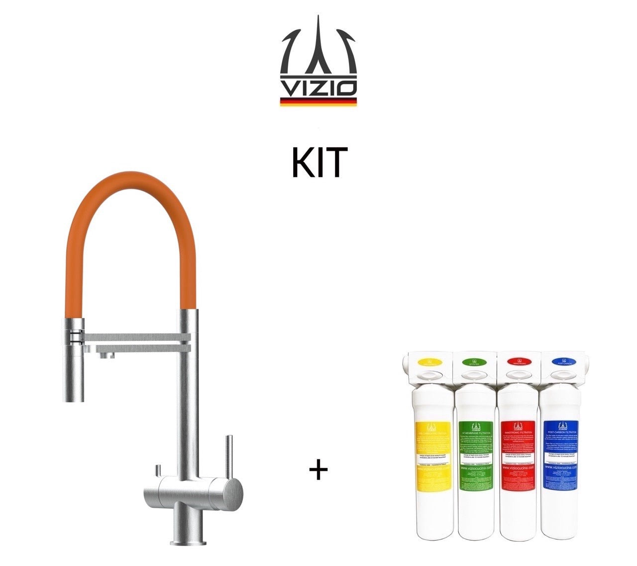 KIT Completo sistema di filtrazione a carboni attivi + Rubinetto cucina 3 VIE in ACCIAIO INOX Spazzolato, canna girevole 360° e doccetta 2 getti movibile