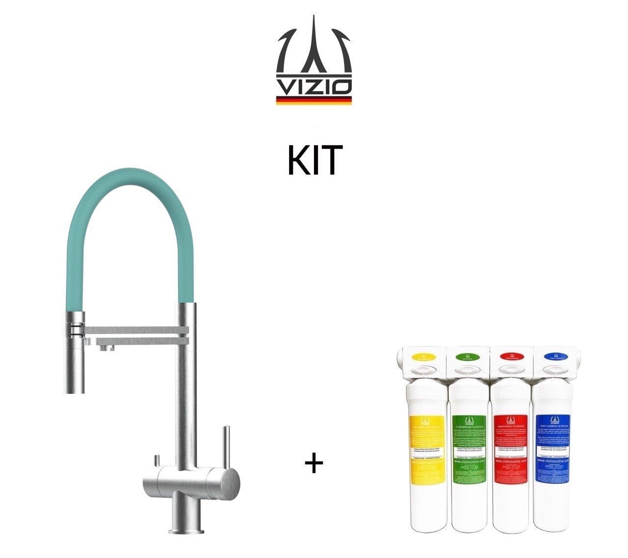 KIT Completo sistema di filtrazione a carboni attivi + Rubinetto cucina 3 VIE in ACCIAIO INOX Spazzolato, canna girevole 360° e doccetta 2 getti movibile