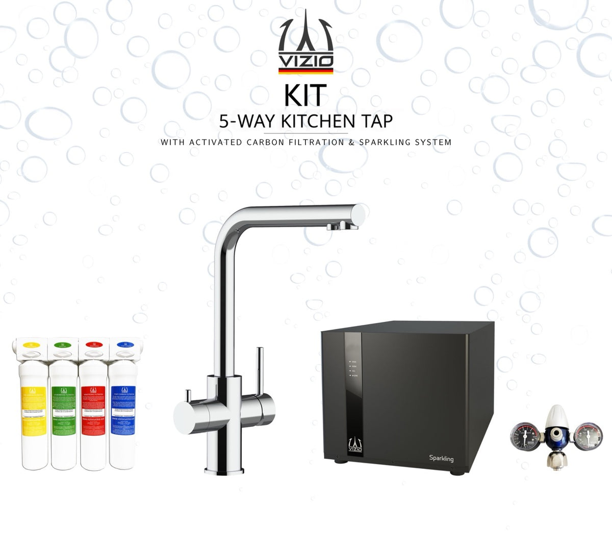KIT COMPLETO: Rubinetto cucina 5 VIE Acciaio Inox Lucido, canna a L girevole a 360° + Frigogasatore + Riduttore di pressione CO2 + Sistema filtro a carboni attivi