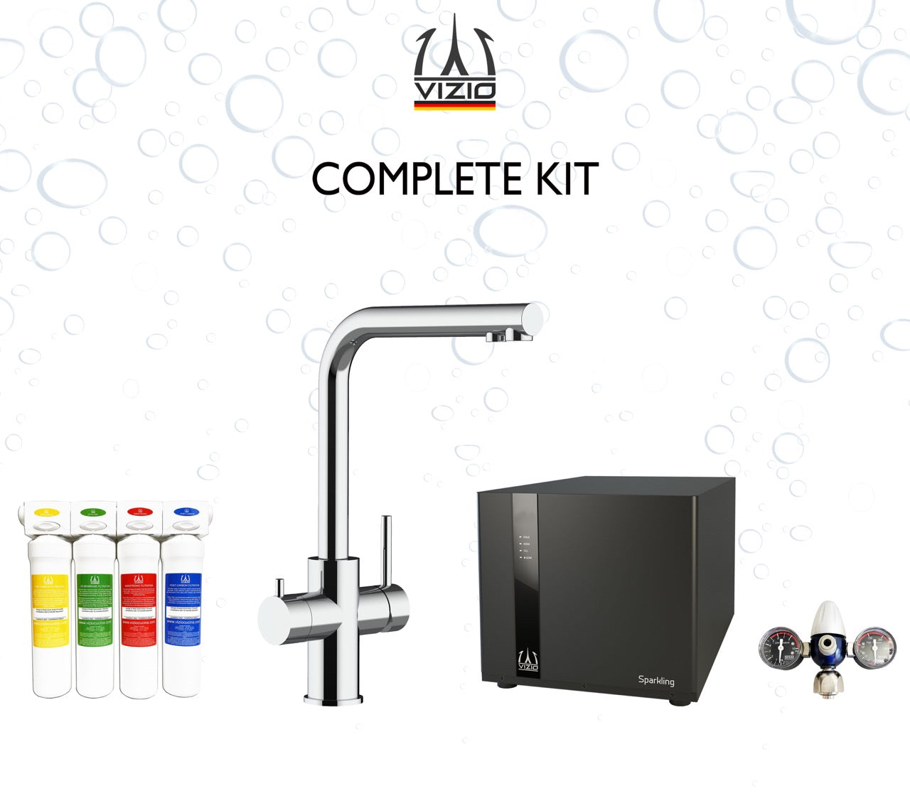 COMPLETE KIT 5 Way Kitchen Filter Tap in Solid STAINLESS STEEL with swivel L-Spout, Polished + SPARKLING Machine + CO2 pressure reducer + Activated Carbon Water Filtration System