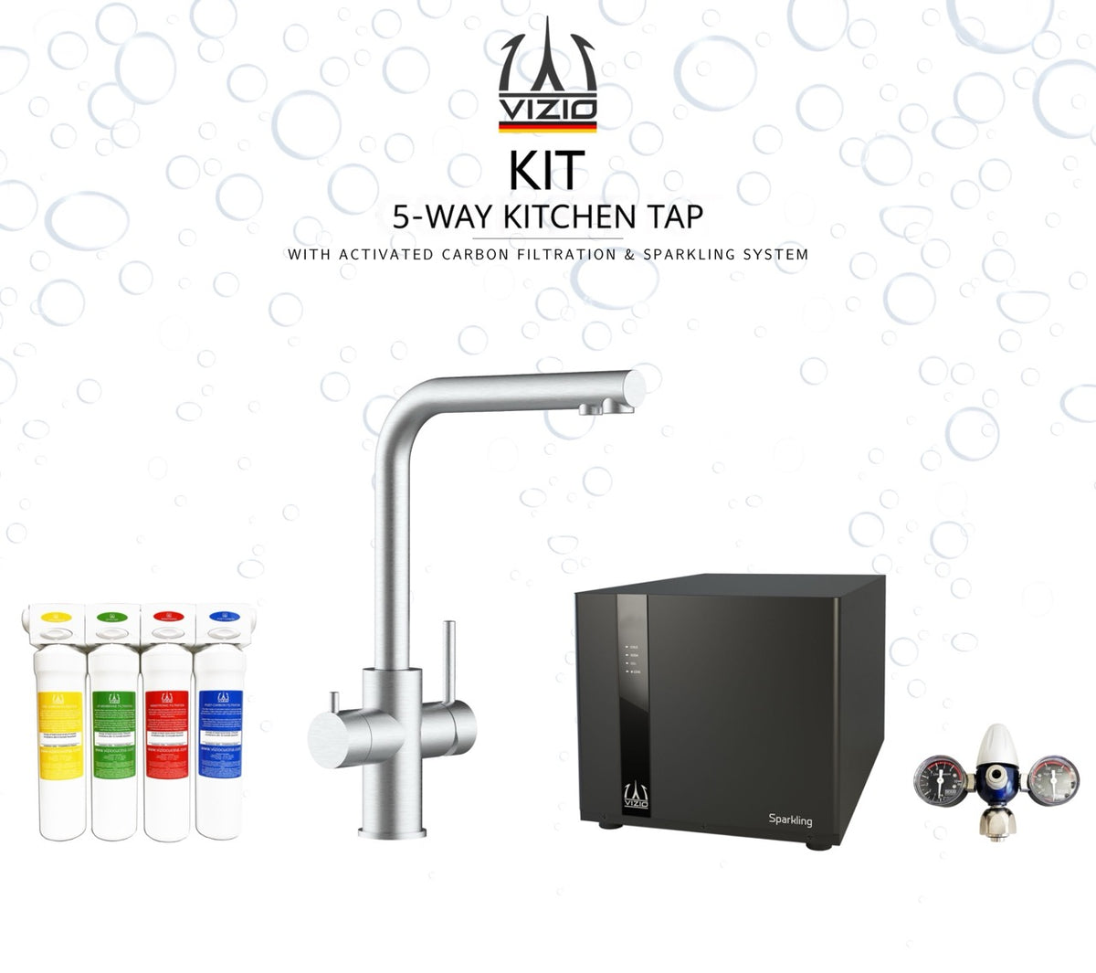 KIT COMPLETO: Rubinetto cucina 5 VIE Acciaio Inox Spazzolato, canna a L girevole a 360° + Frigogasatore + Riduttore di pressione CO2 + Sistema filtro a carboni attivi