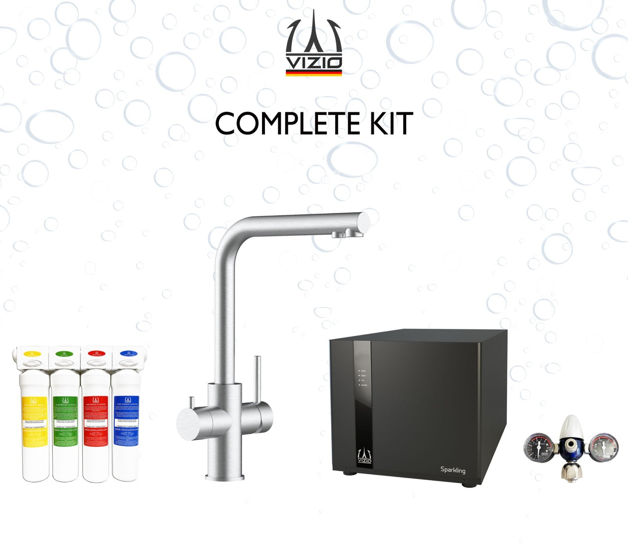 COMPLETE KIT 5 Way Kitchen Filter Tap in Solid STAINLESS STEEL with swivel L-Spout, Brushed + SPARKLING Machine + CO2 pressure reducer + Activated Carbon Water Filtration System