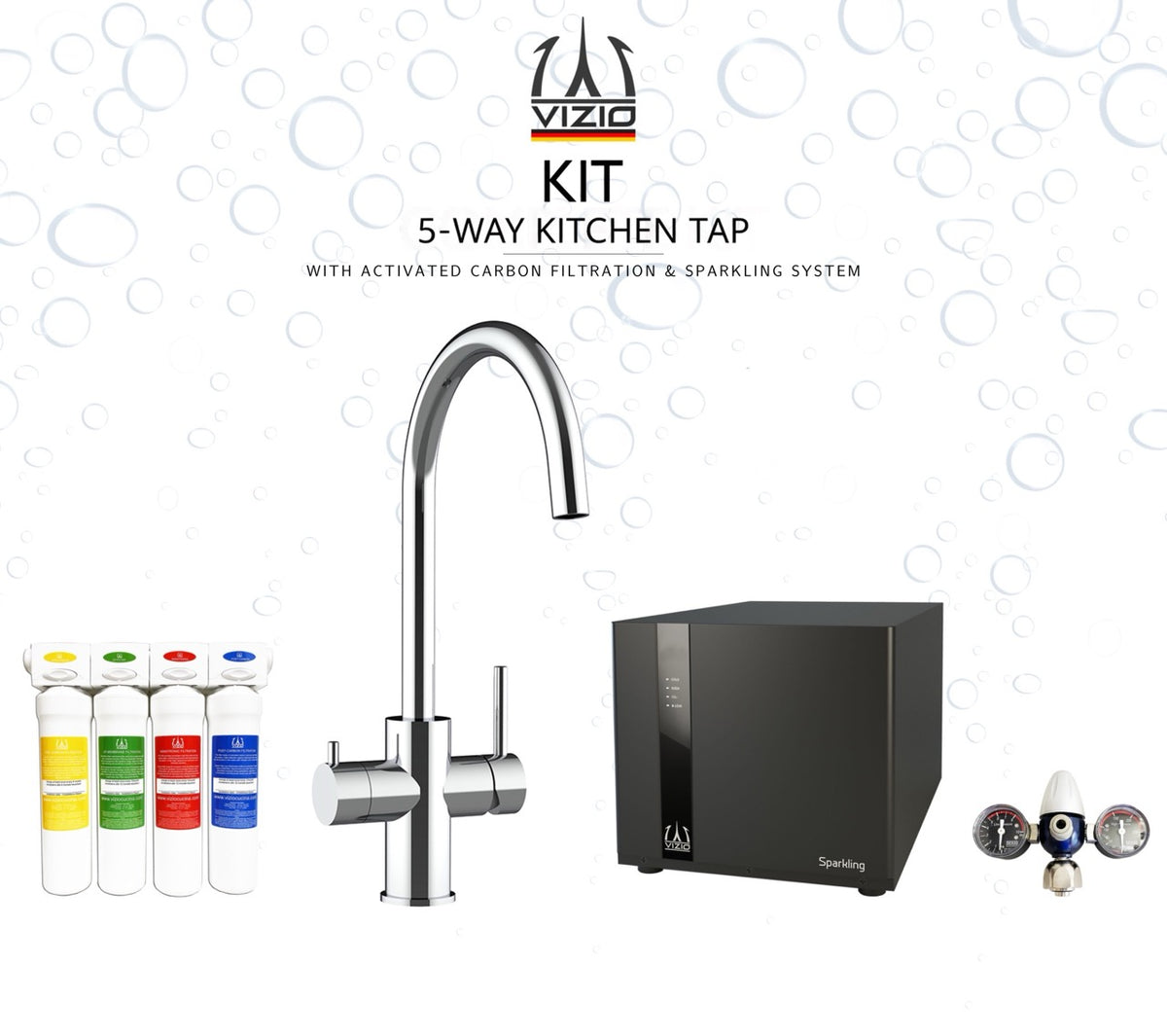 KIT COMPLETO: Rubinetto cucina 5 VIE Acciaio Inox Lucido, canna a U girevole a 360° + Frigogasatore + Riduttore di pressione CO2 + Sistema filtro a carboni attivi