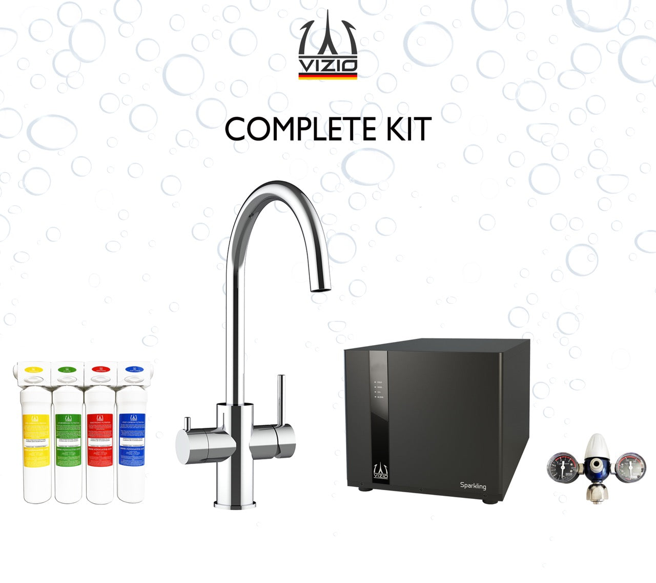 COMPLETE KIT 5 Way Kitchen Filter Tap in Solid STAINLESS STEEL with swivel U-Spout, Polished + SPARKLING Machine + CO2 pressure reducer + Activated Carbon Water Filtration System