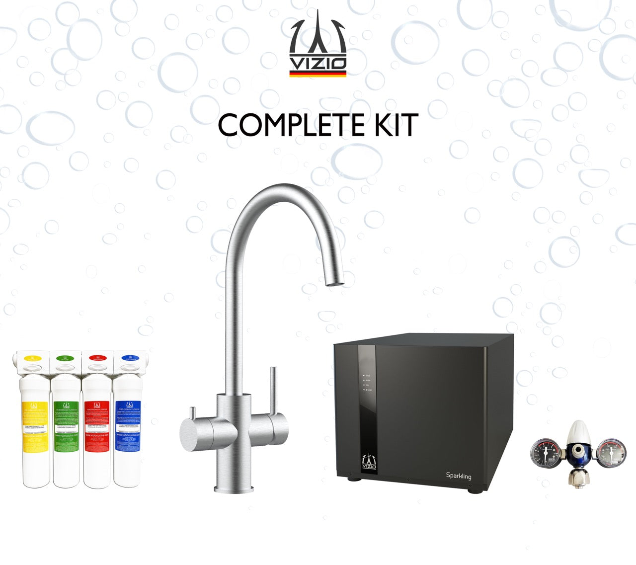 COMPLETE KIT 5 Way Kitchen Filter Tap in Solid STAINLESS STEEL with swivel U-Spout, Brushed + SPARKLING Machine + CO2 pressure reducer + Activated Carbon Water Filtration System