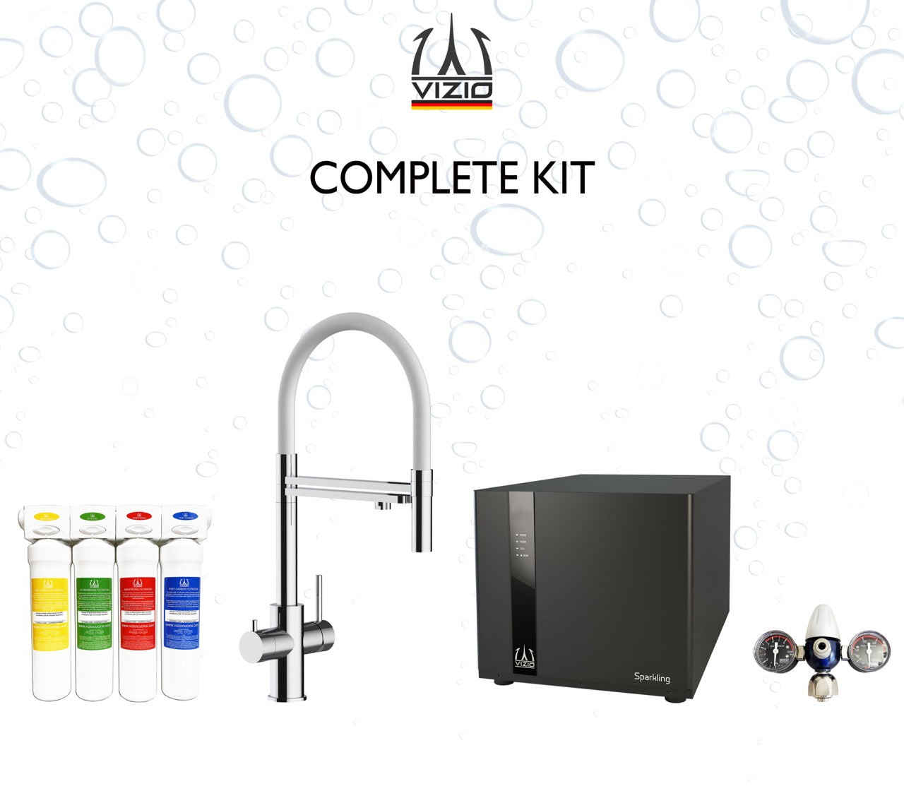 COMPLETE KIT 5 Way Kitchen Filter Tap in Solid STAINLESS STEEL with 360° swivel spout and 2-jets removable Spray, Polished + SPARKLING Machine + CO2 pressure reducer + Activated Carbon Water Filtration System