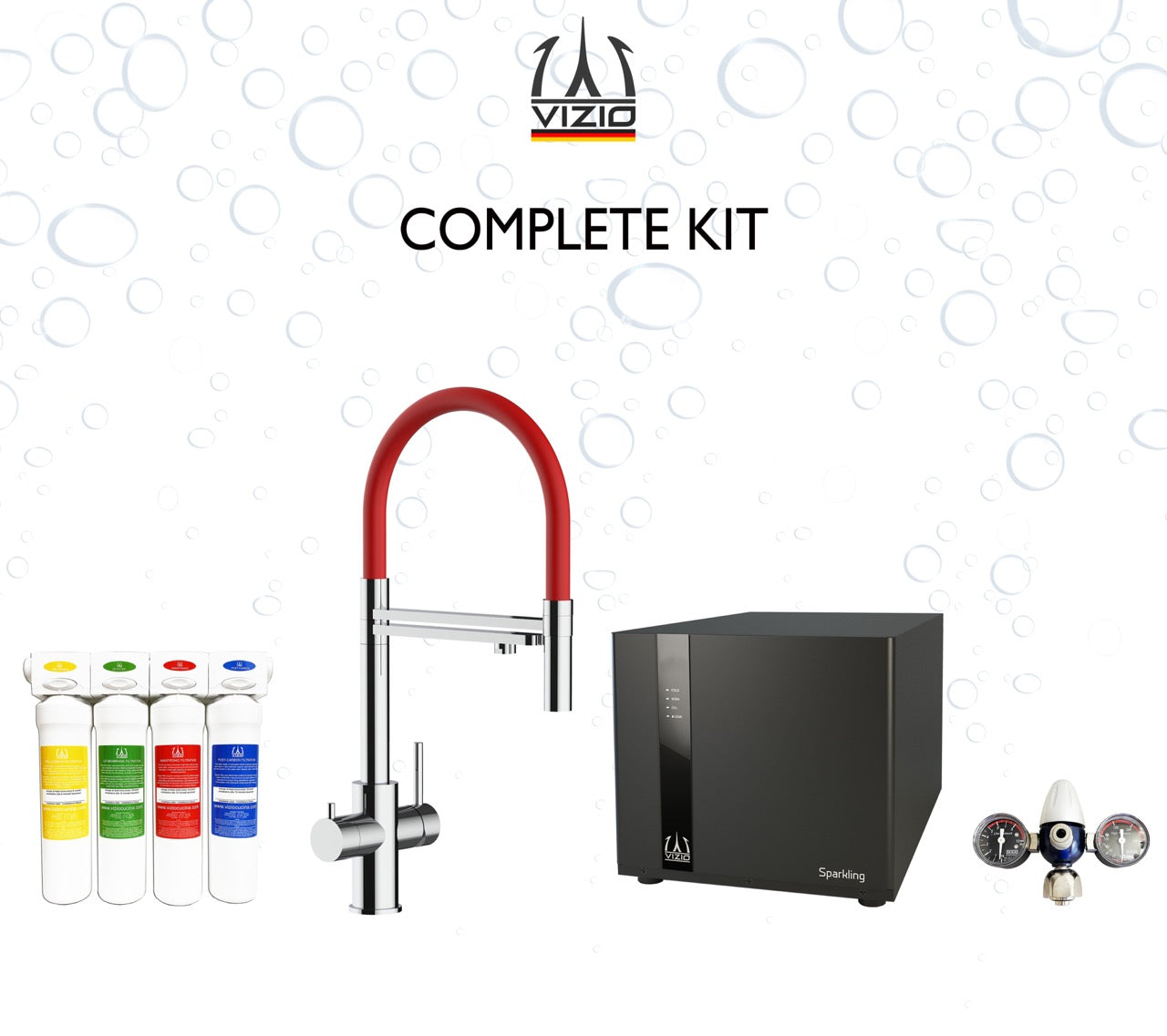COMPLETE KIT 5 Way Kitchen Filter Tap in Solid STAINLESS STEEL with 360° swivel spout and 2-jets removable Spray, Polished + SPARKLING Machine + CO2 pressure reducer + Activated Carbon Water Filtration System