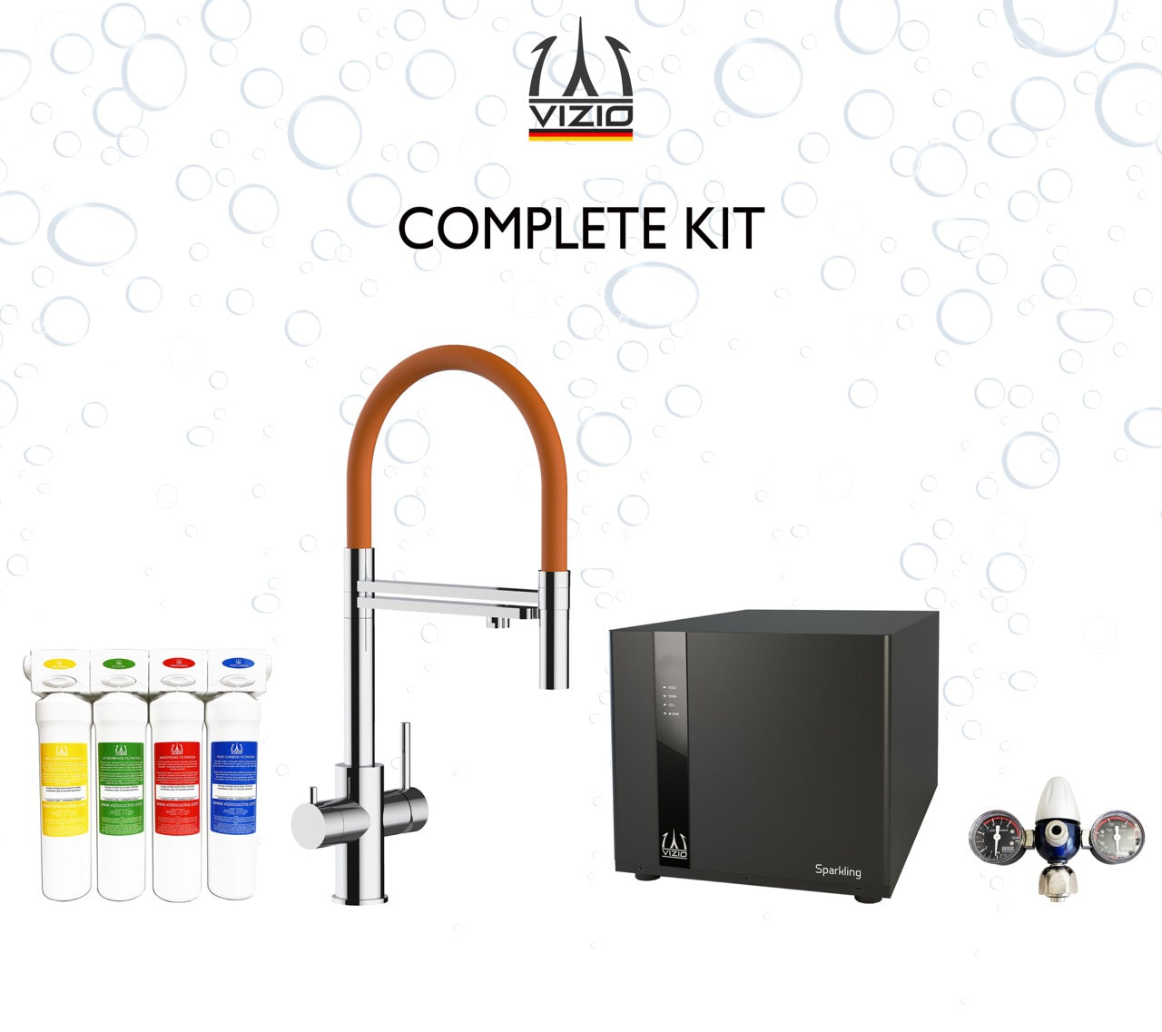 COMPLETE KIT 5 Way Kitchen Filter Tap in Solid STAINLESS STEEL with 360° swivel spout and 2-jets removable Spray, Polished + SPARKLING Machine + CO2 pressure reducer + Activated Carbon Water Filtration System
