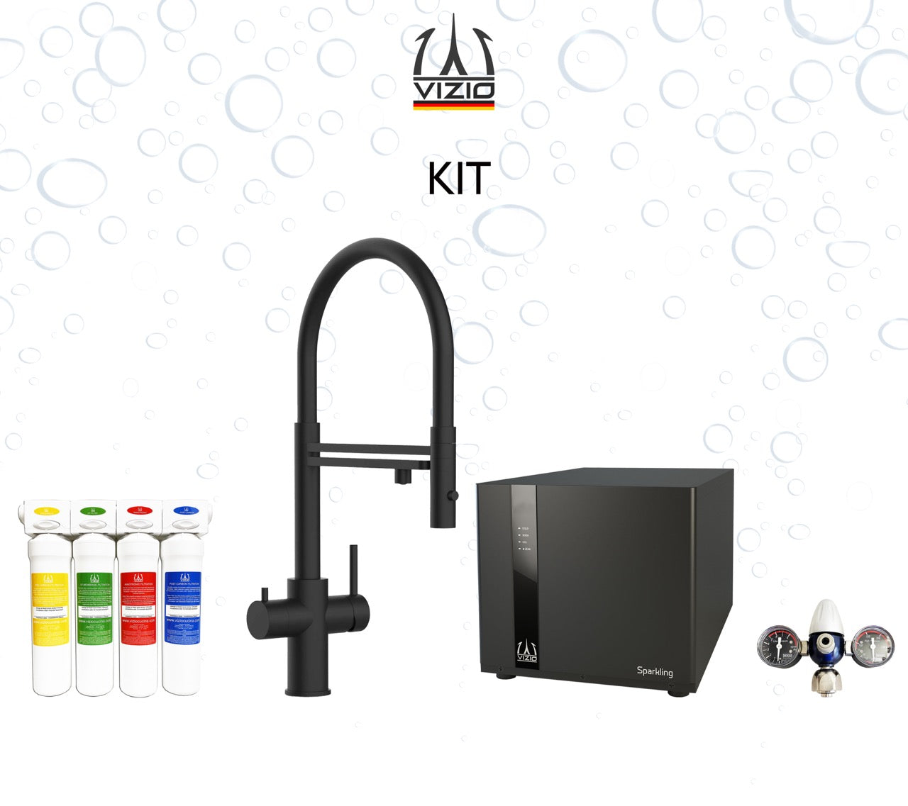 COMPLETE KIT 5 Way Kitchen Filter Tap in Solid STAINLESS STEEL with 360° swivel spout and 2-jets removable Spray, Matt Black PVD + SPARKLING Machine + CO2 pressure reducer + Activated Carbon Water Filtration System